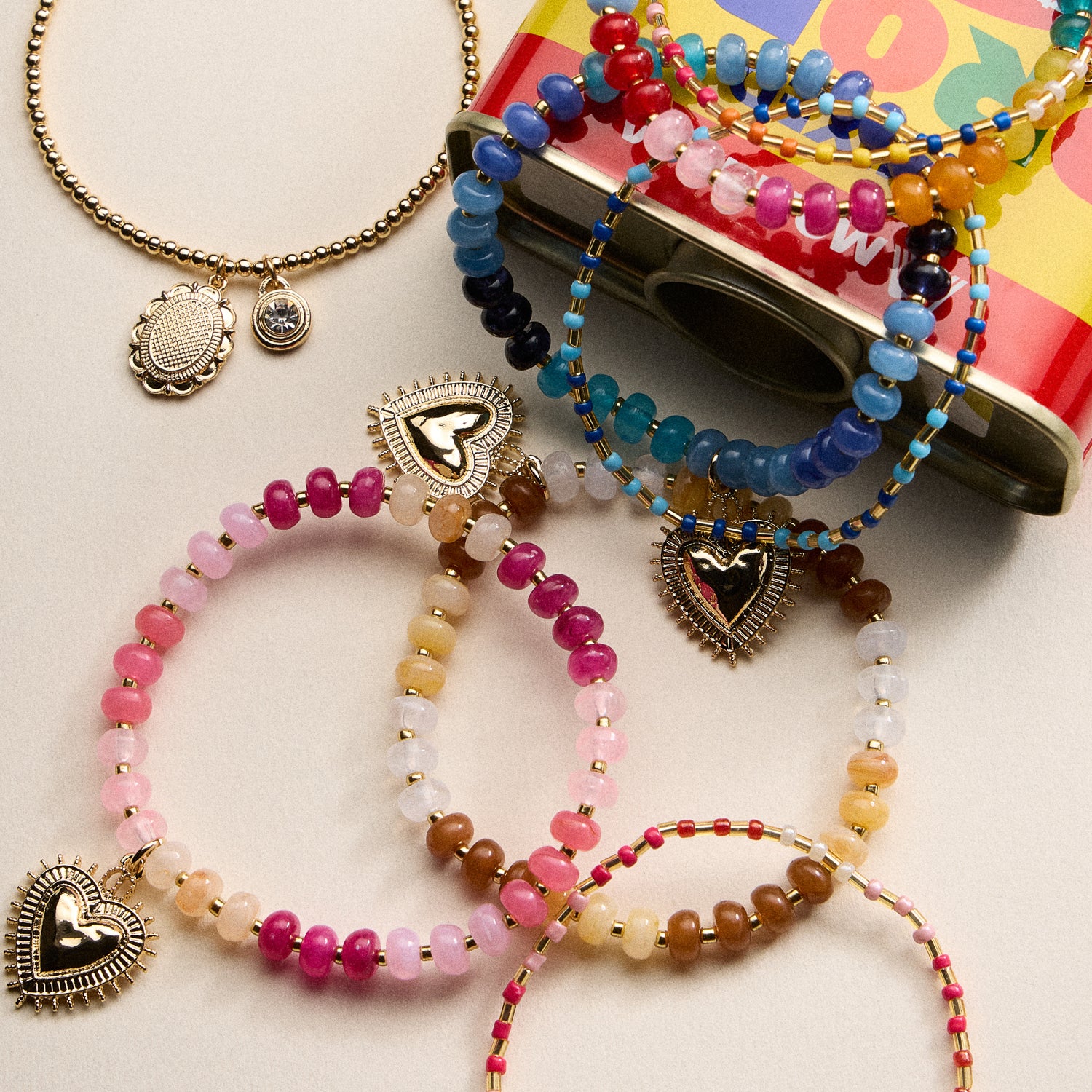 Beaded Heart Charm Stretch Bracelet Set – 3-Piece Layered Stack with Gold Accents