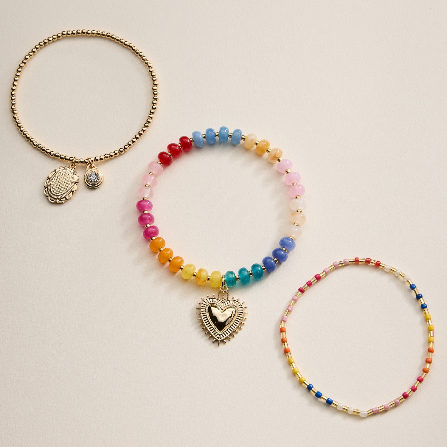 Beaded Heart Charm Stretch Bracelet Set – 3-Piece Layered Stack with Gold Accents