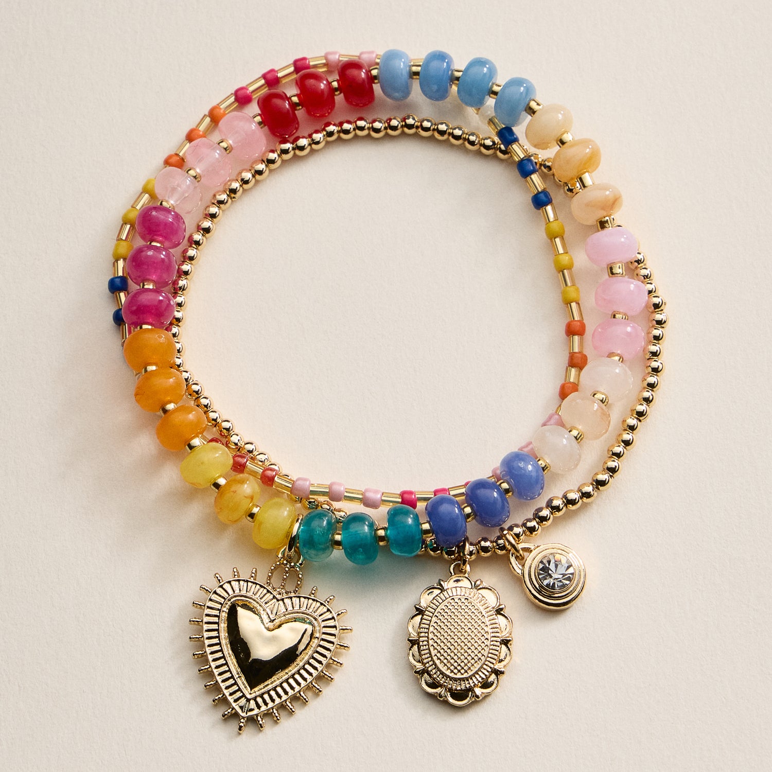 Beaded Heart Charm Stretch Bracelet Set – 3-Piece Layered Stack with Gold Accents