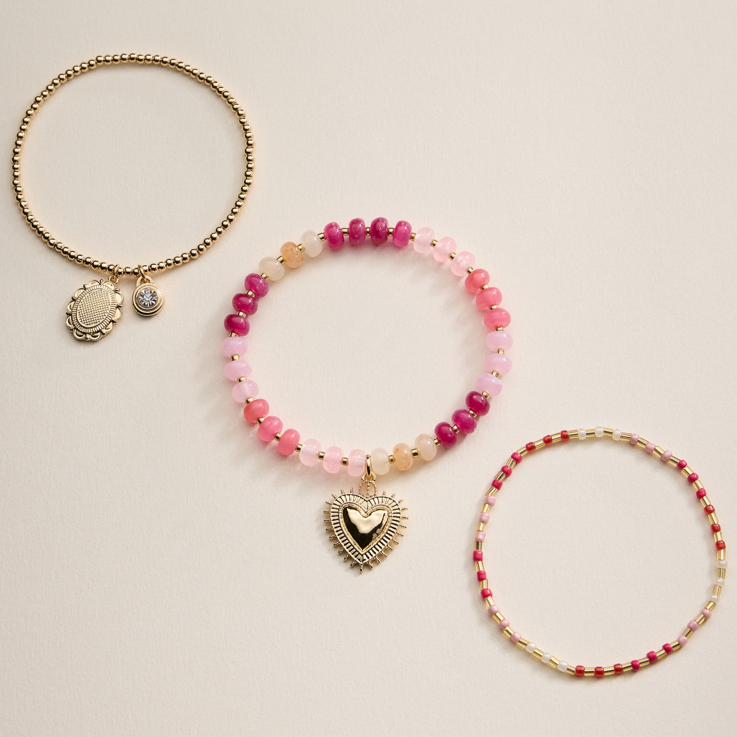 Beaded Heart Charm Stretch Bracelet Set – 3-Piece Layered Stack with Gold Accents