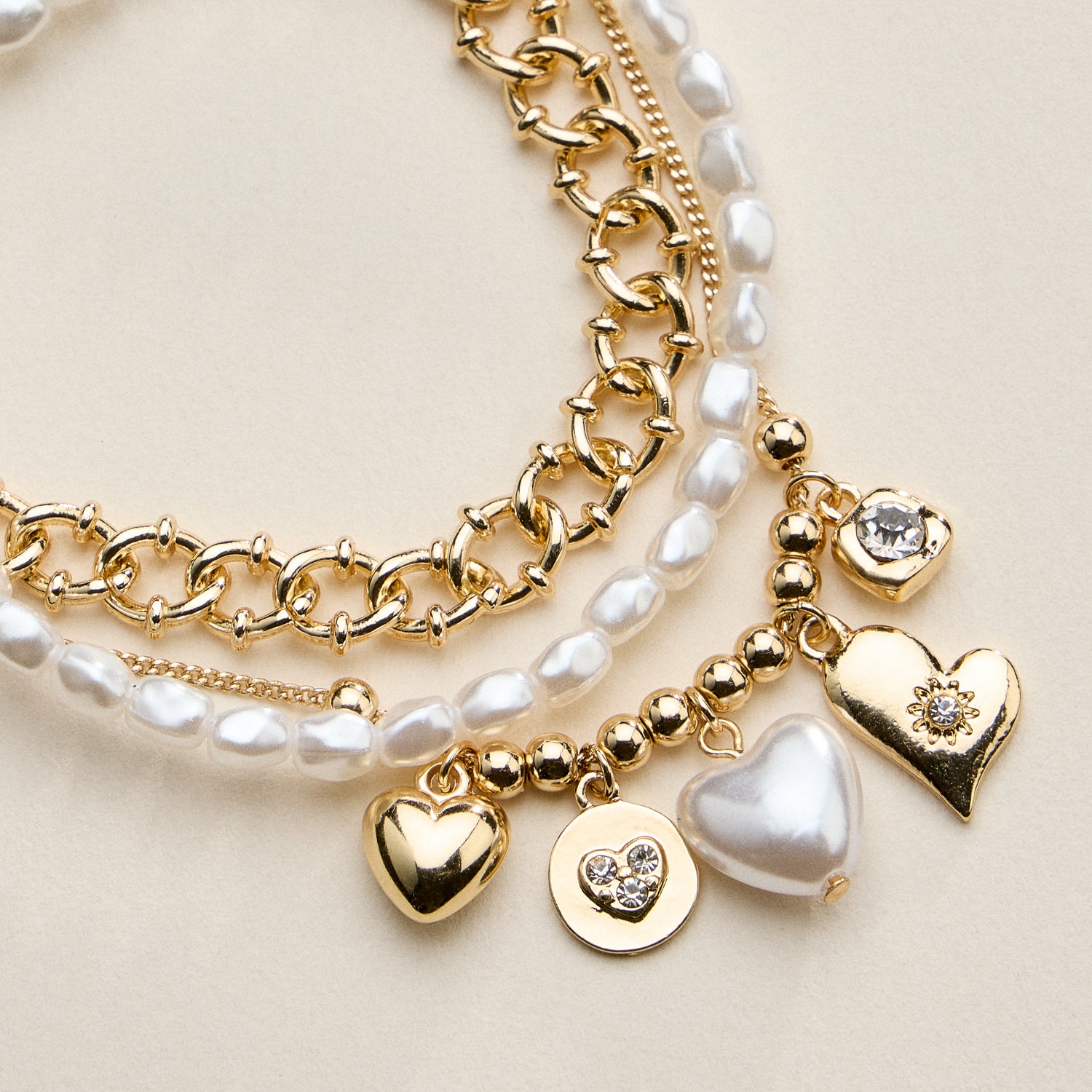 Metal Pearl Heart Charm Bracelet Set | Layered Style