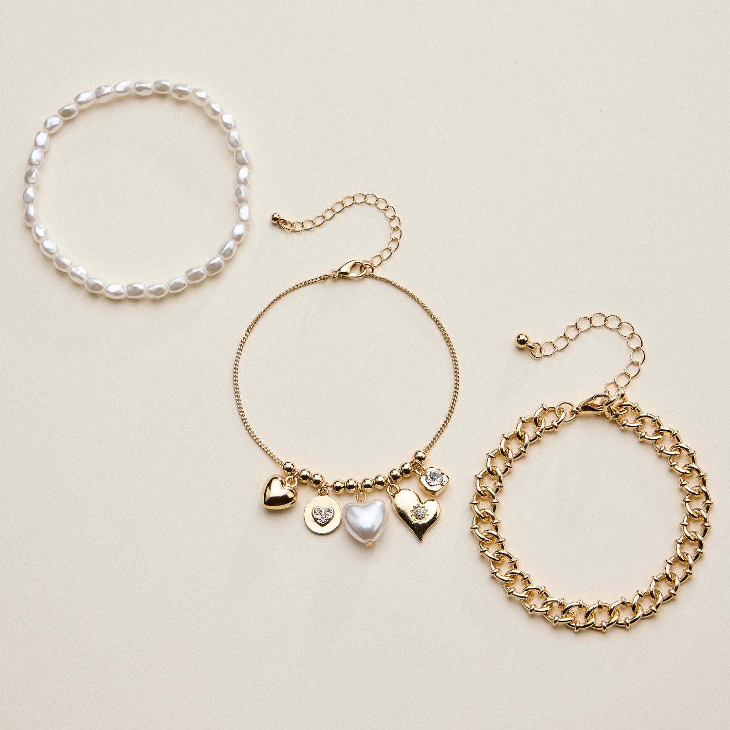 Metal Pearl Heart Charm Bracelet Set | Layered Style