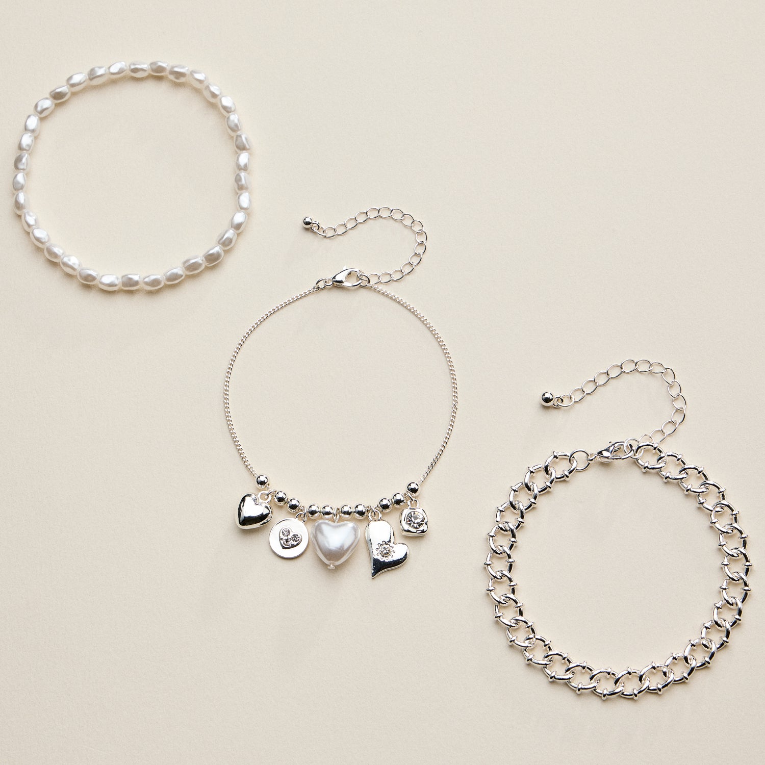 Metal Pearl Heart Charm Bracelet Set | Layered Style