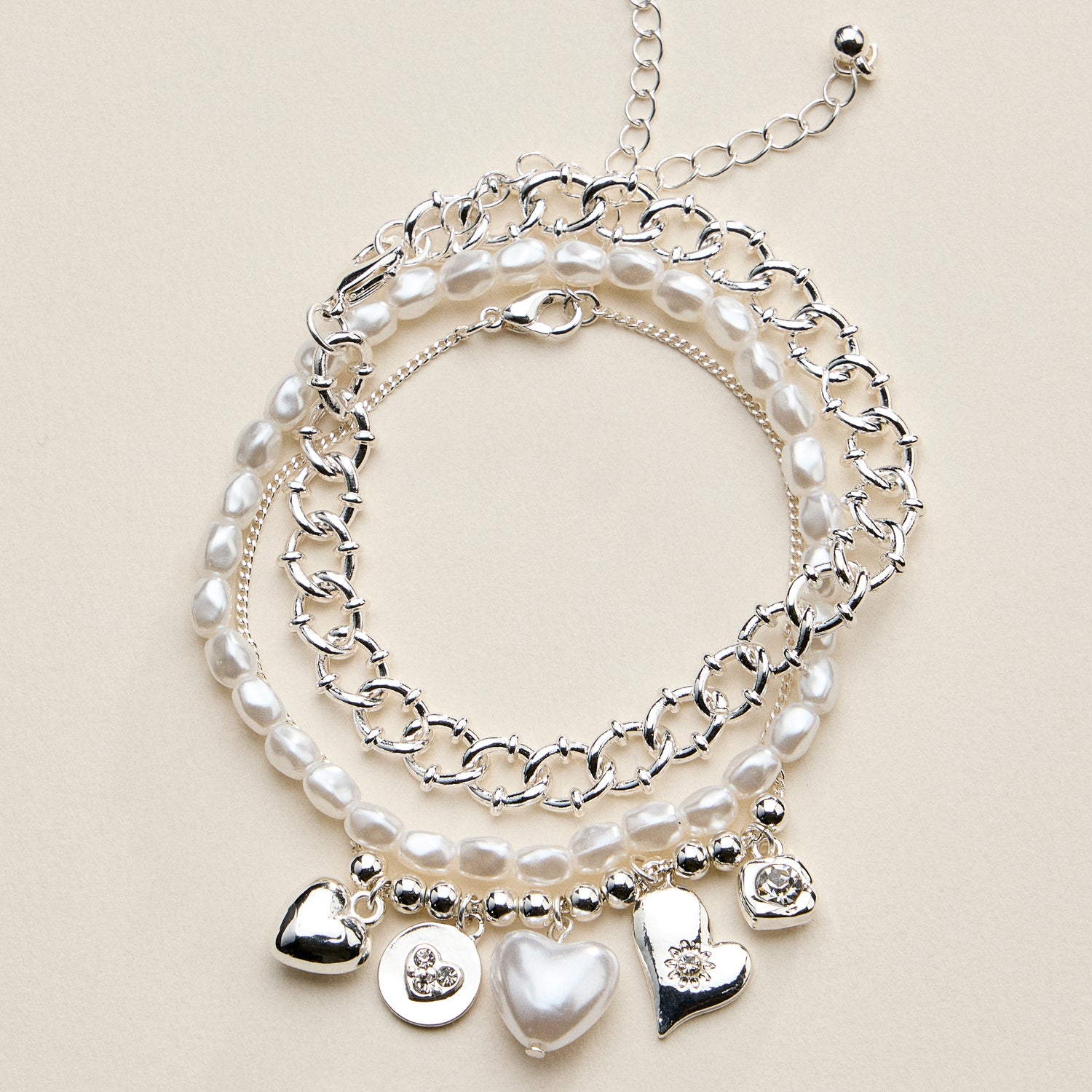 Metal Pearl Heart Charm Bracelet Set | Layered Style