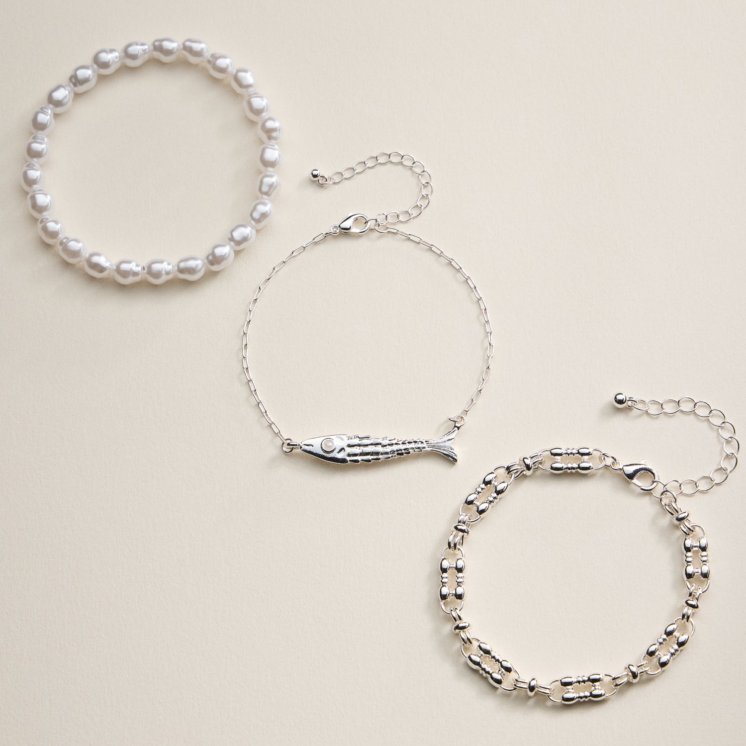 Goldfish Charm & Pearl Beaded 3-Piece Layered Chain Bracelet