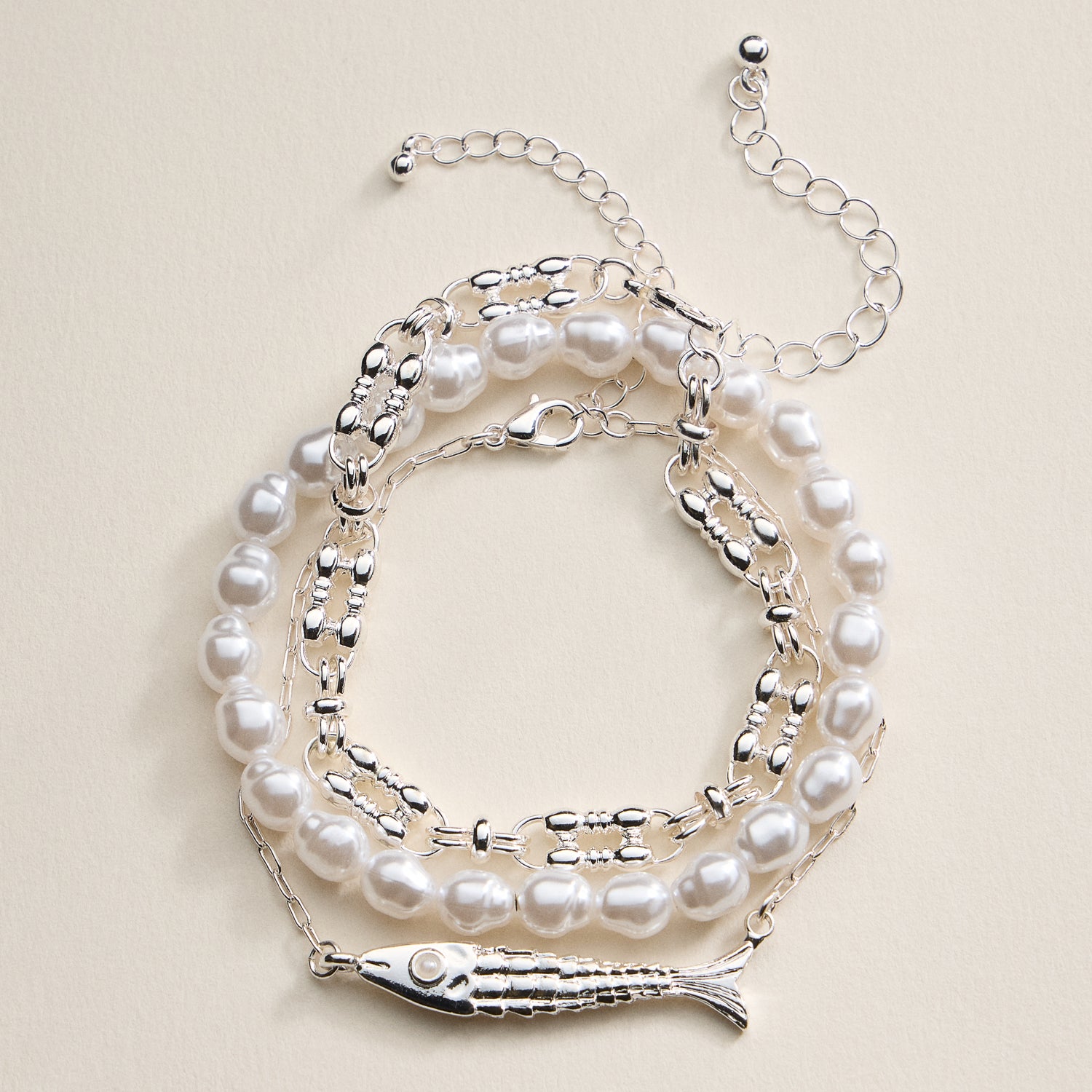 Goldfish Charm & Pearl Beaded 3-Piece Layered Chain Bracelet
