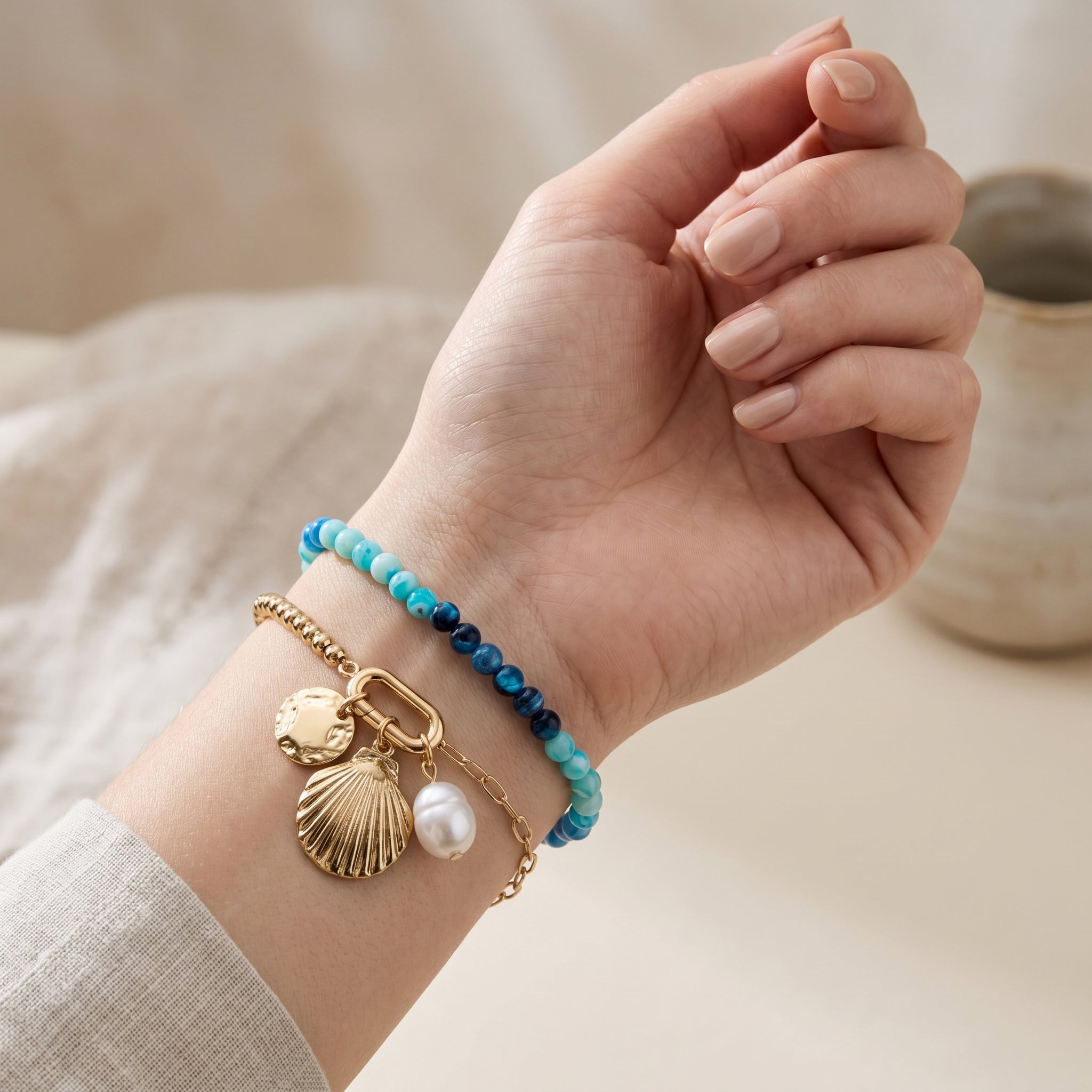 Beaded Shell Charm Layered Bracelet Set | Coastal