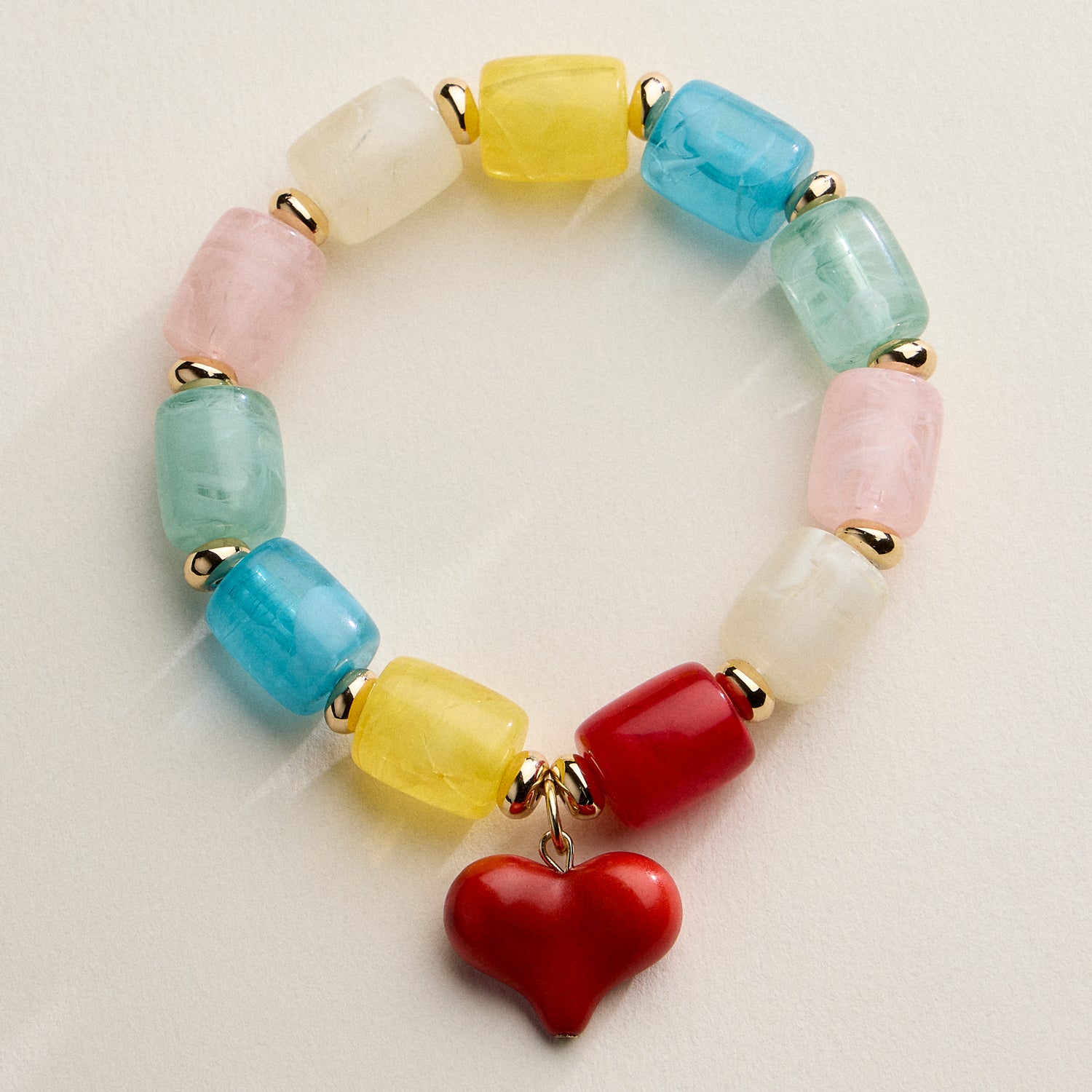 Chunky Beaded Stretch Bracelet with Heart Charm – Polished Resin Beads & Gold Accents, Statement Elastic Bracelet - Frem