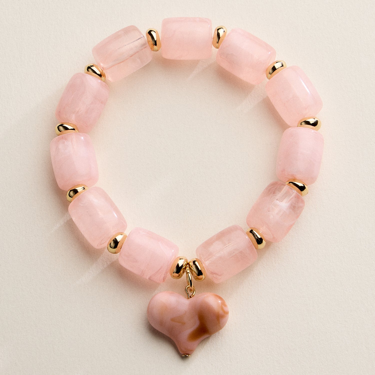 Chunky Beaded Stretch Bracelet with Heart Charm – Polished Resin Beads & Gold Accents, Statement Elastic Bracelet - Frem