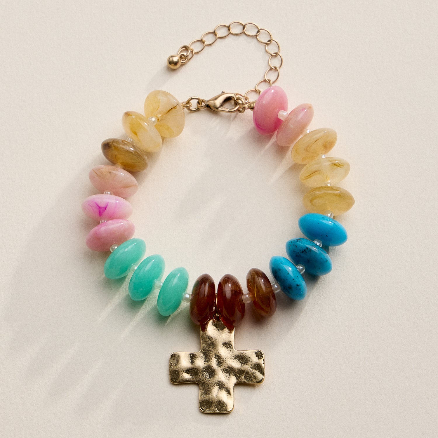 Beaded Cross Charm Bracelet | Colorful Bead Bracelet with Gold Cross Pendant