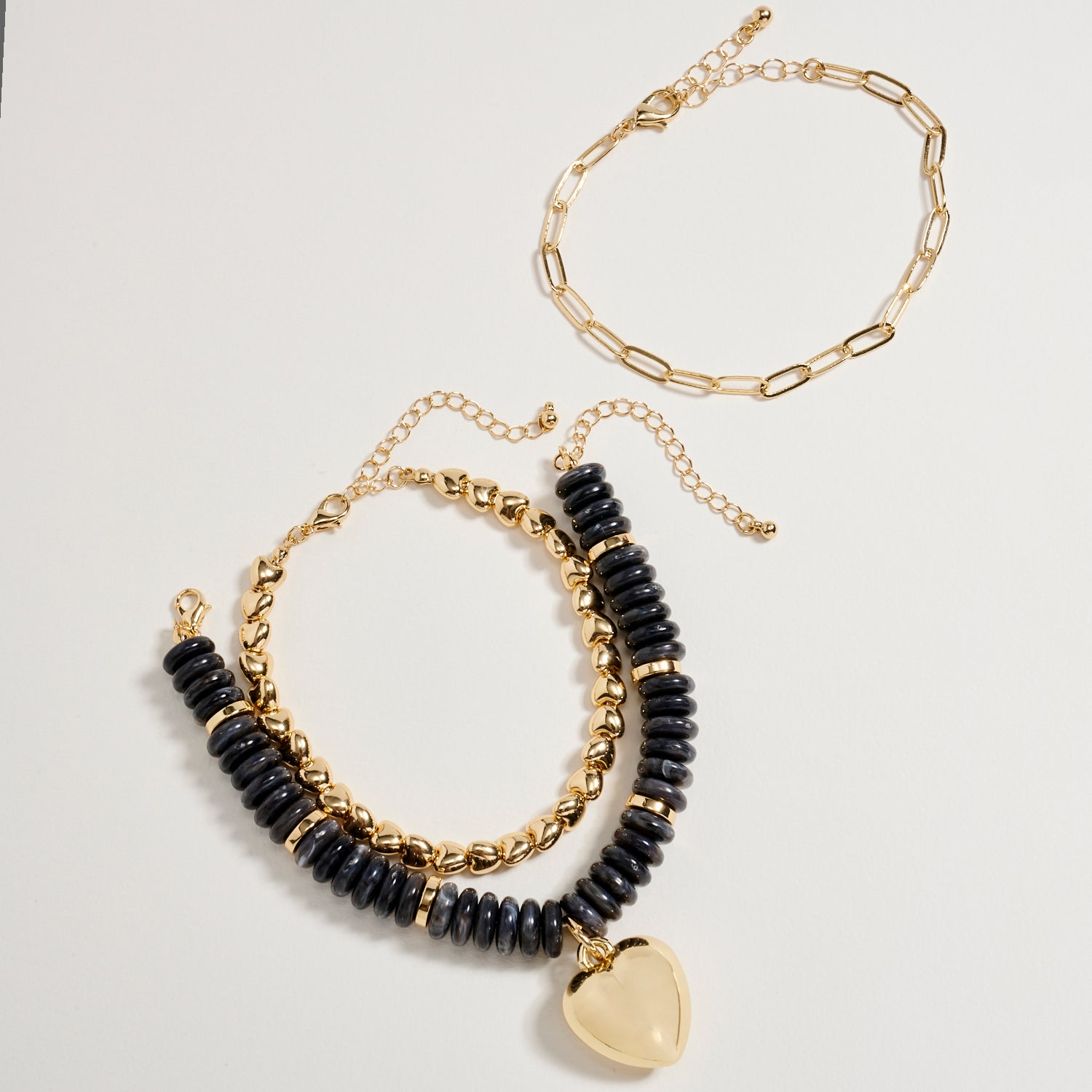 Gold Heart Charm Beaded Bracelet Set – Layered Chain & Colorful Disc Beads, Adjustable Stackable Wrist Jewelry for Women - Frem