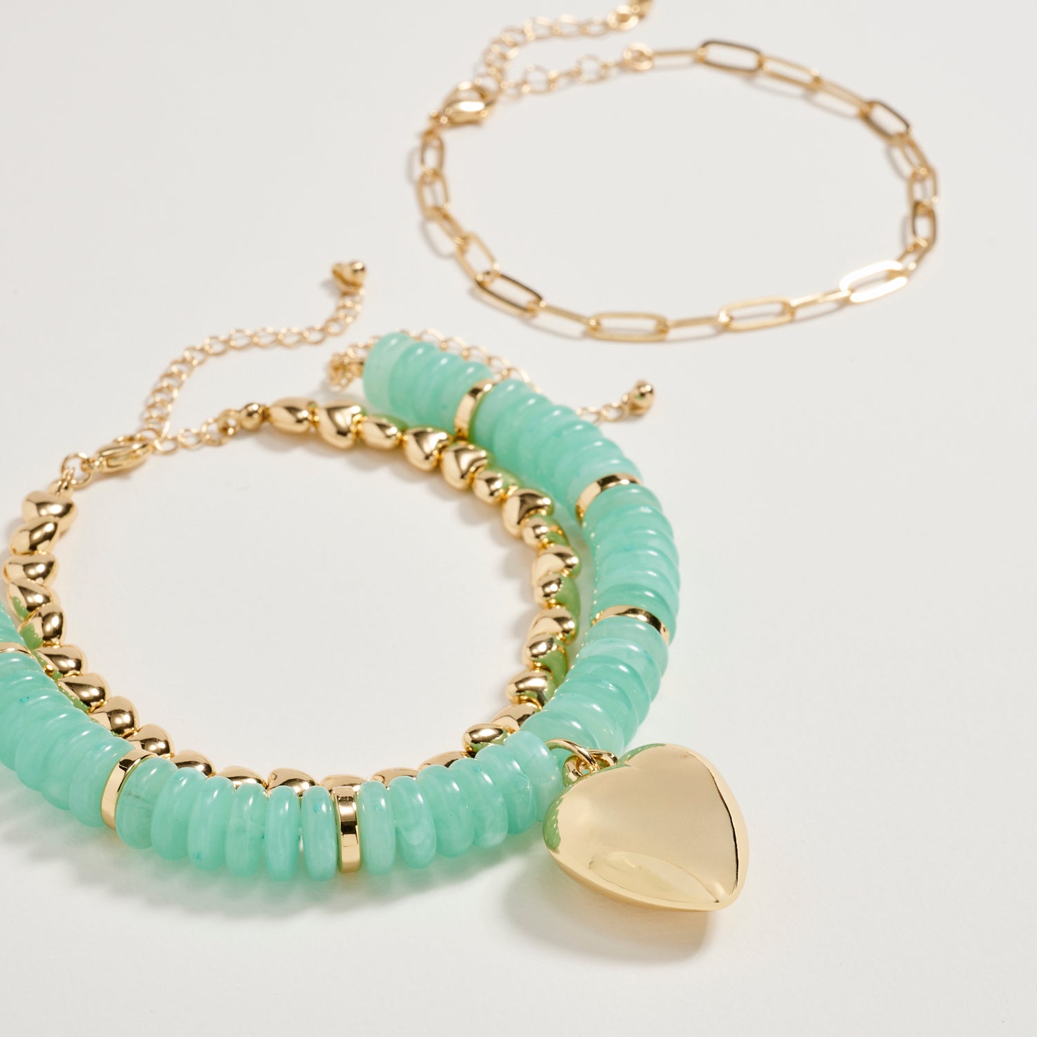 Gold Heart Charm Beaded Bracelet Set – Layered Chain & Colorful Disc Beads, Adjustable Stackable Wrist Jewelry for Women - Frem