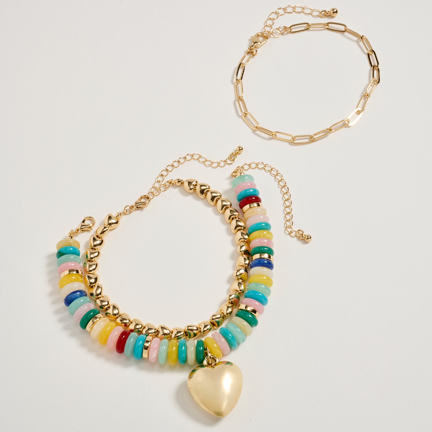 Gold Heart Charm Beaded Bracelet Set – Layered Chain & Colorful Disc Beads, Adjustable Stackable Wrist Jewelry for Women - Frem