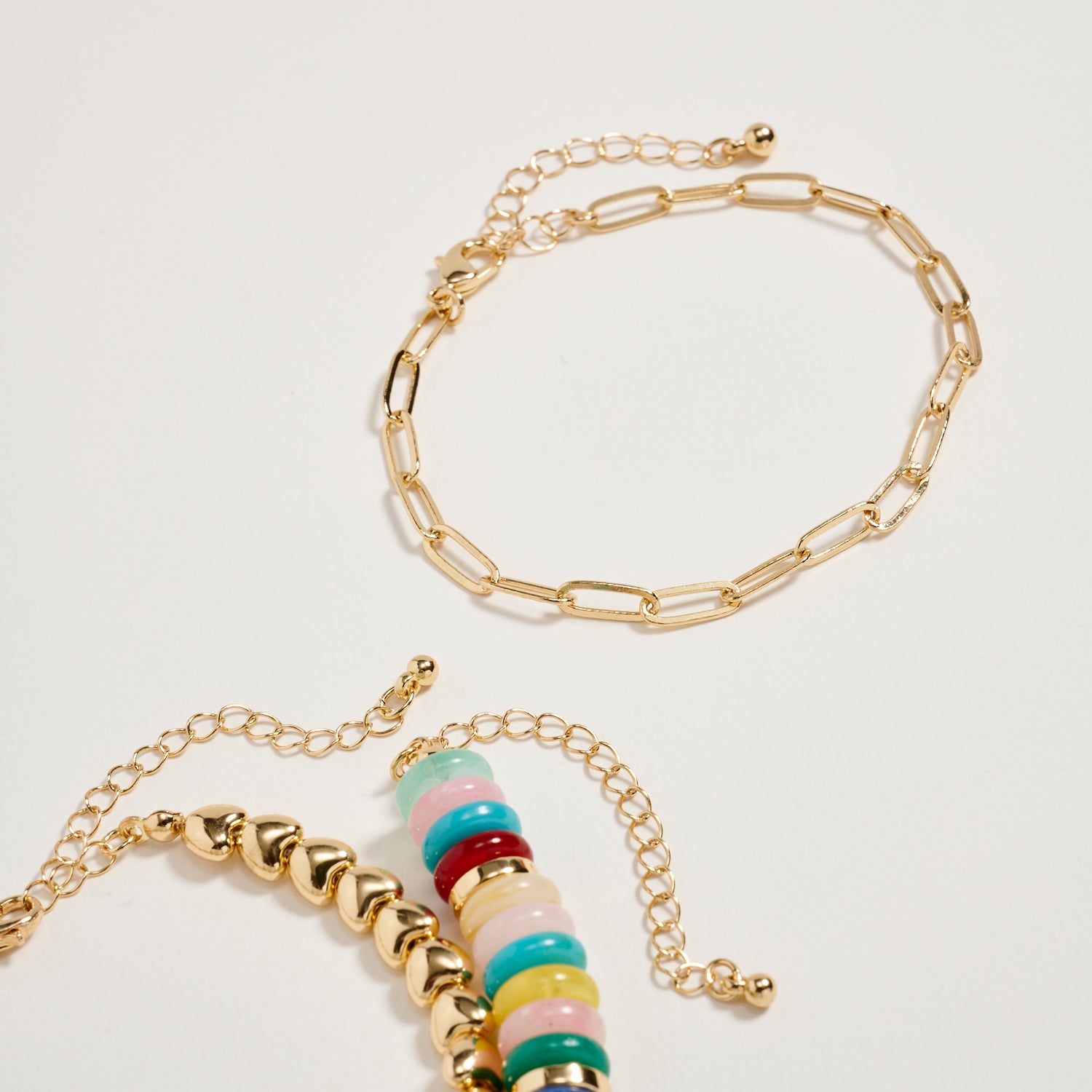 Gold Heart Charm Beaded Bracelet Set – Layered Chain & Colorful Disc Beads, Adjustable Stackable Wrist Jewelry for Women - Frem