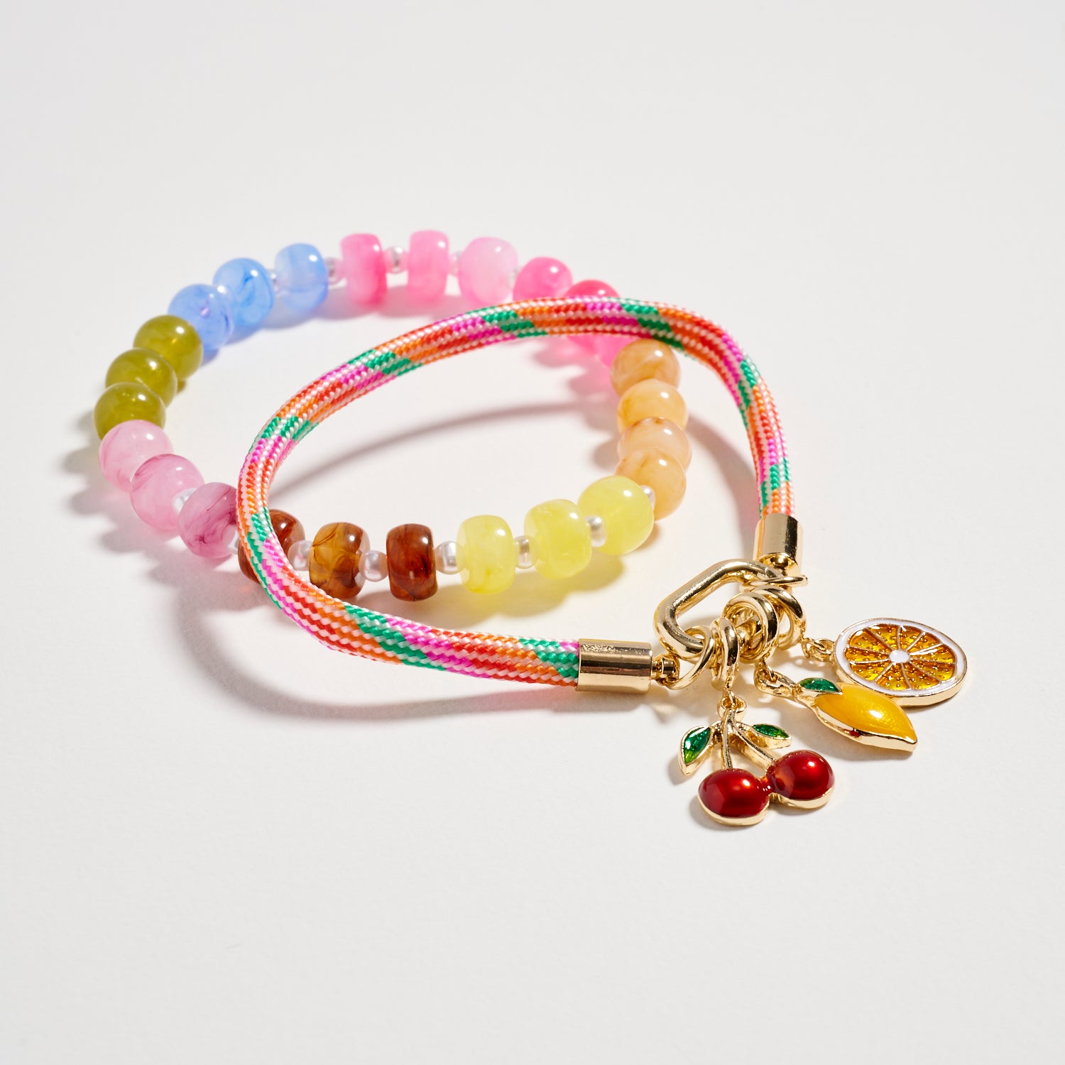 Double Layer Beaded Stretch & Cord Bracelet with Gold Tone Charms - Frem