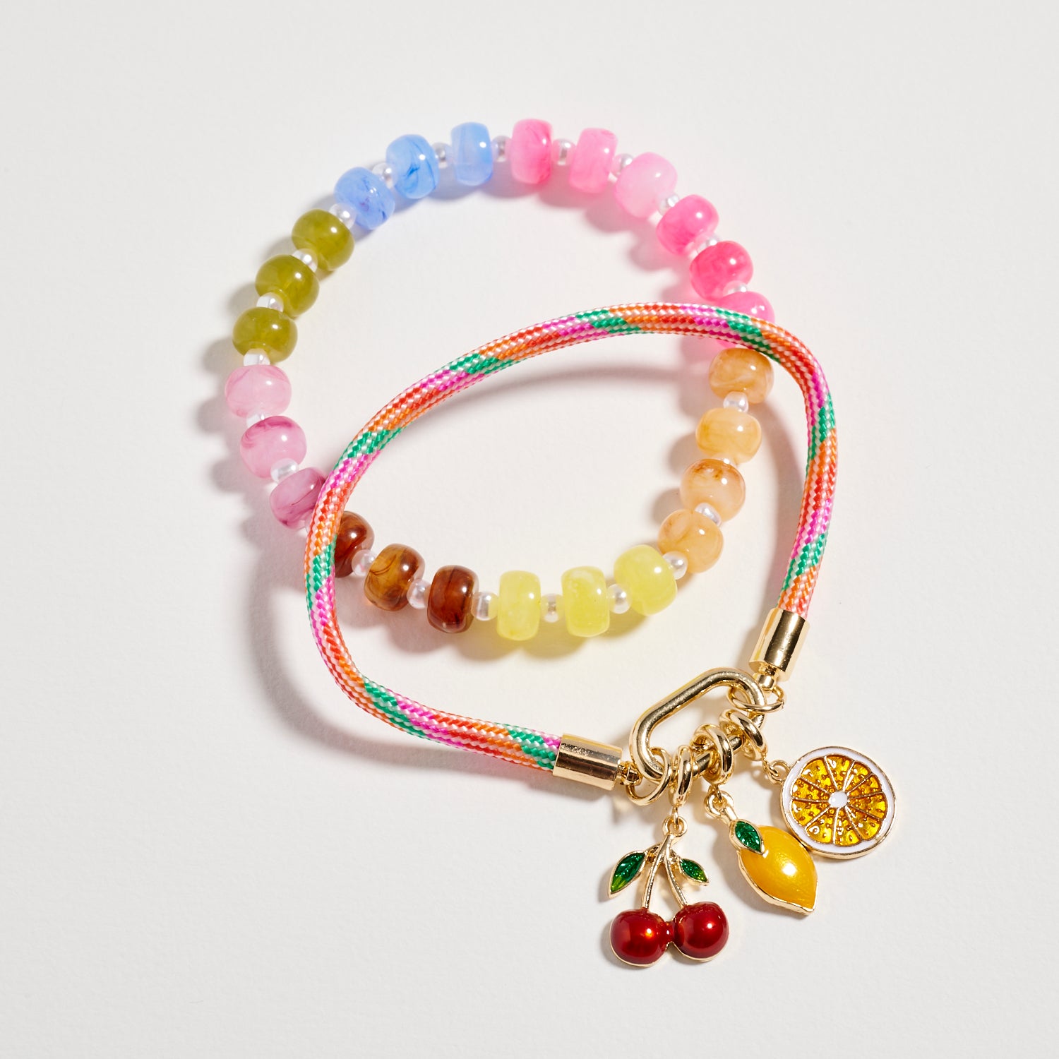 Double Layer Beaded Stretch & Cord Bracelet with Gold Tone Charms - Frem