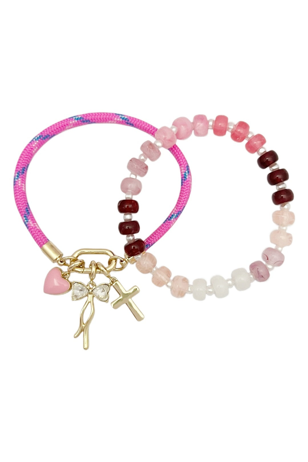 Double Layer Beaded Stretch & Cord Bracelet with Gold Tone Charms - Frem