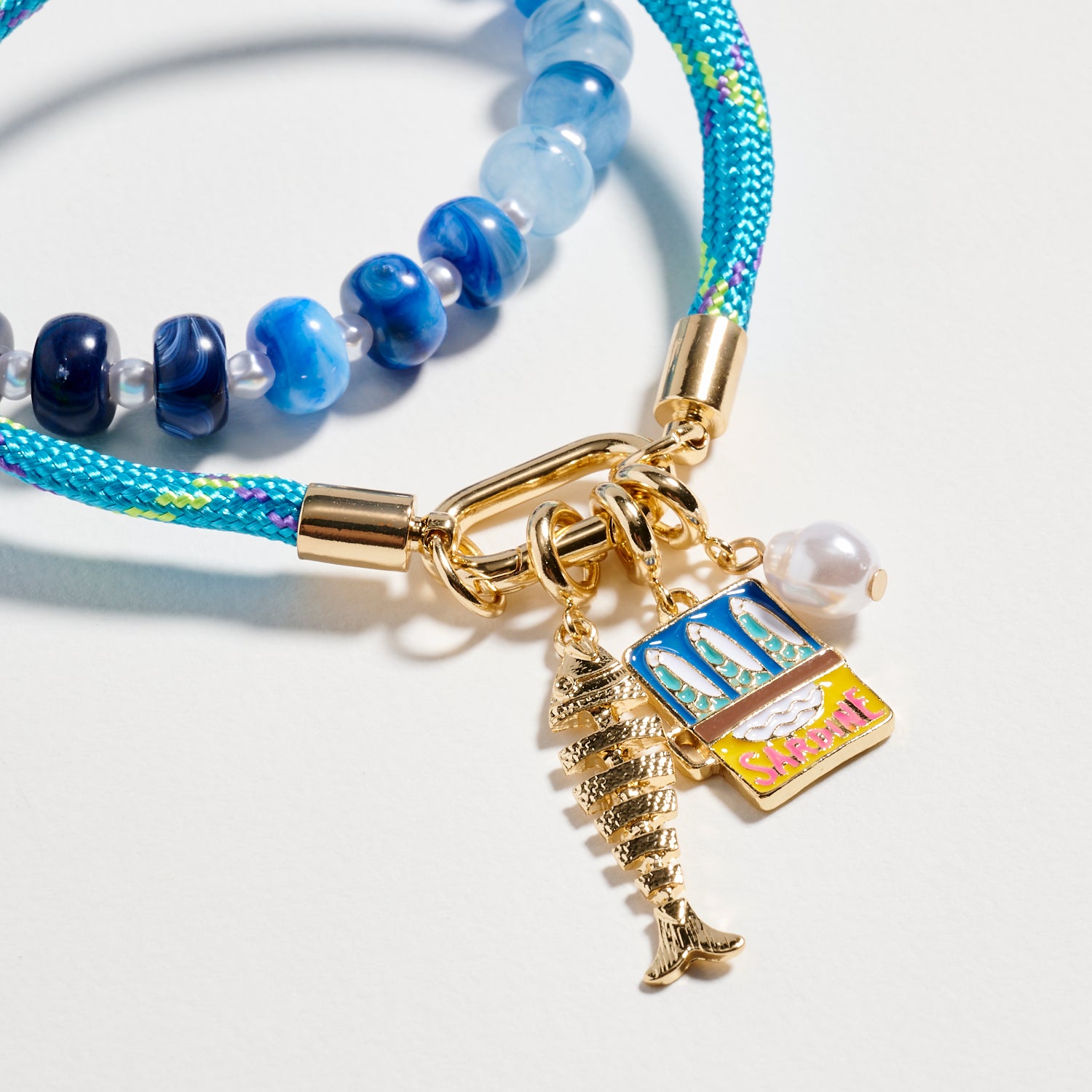 Double Layer Beaded Stretch & Cord Bracelet with Gold Tone Charms - Frem