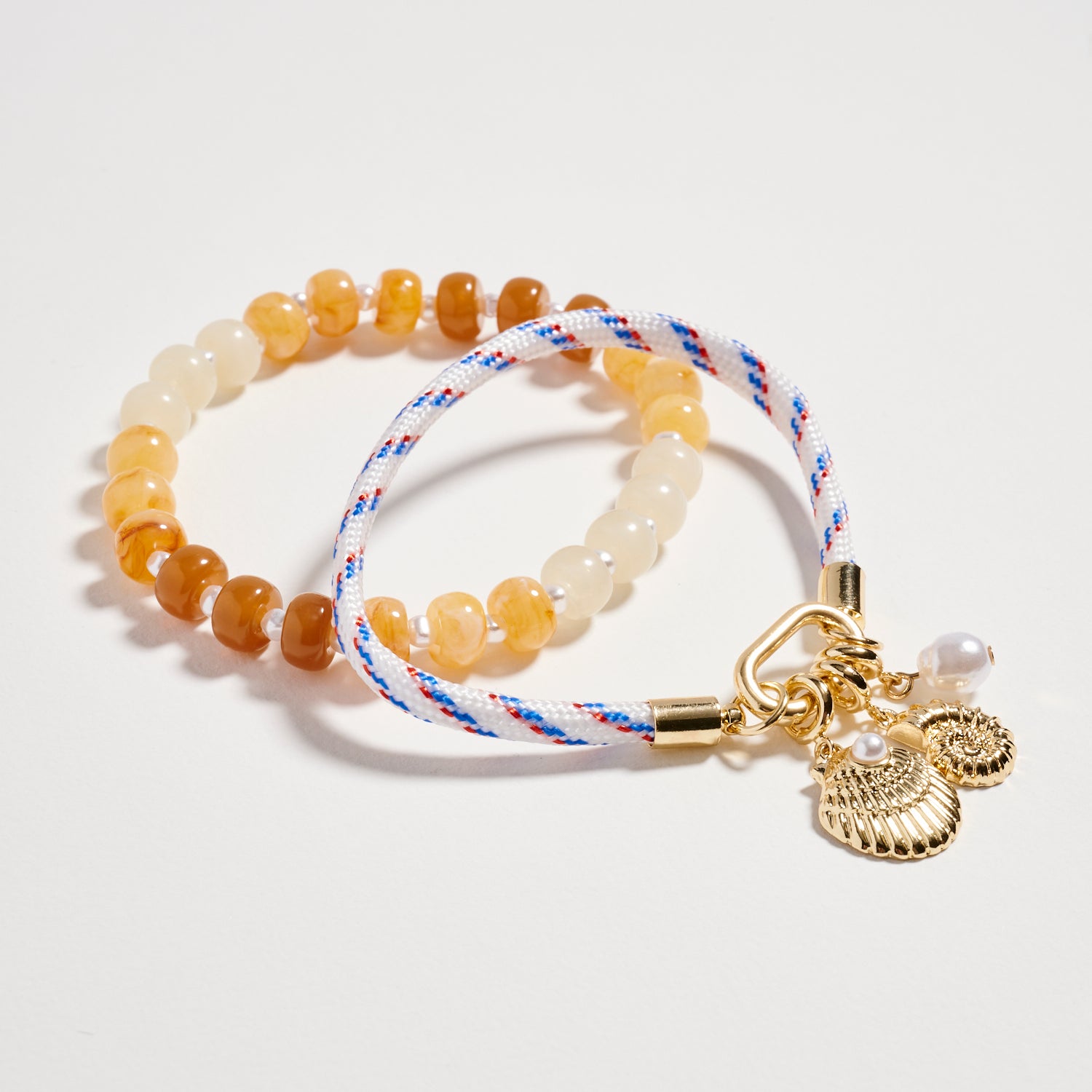 Double Layer Beaded Stretch & Cord Bracelet with Gold Tone Charms - Frem