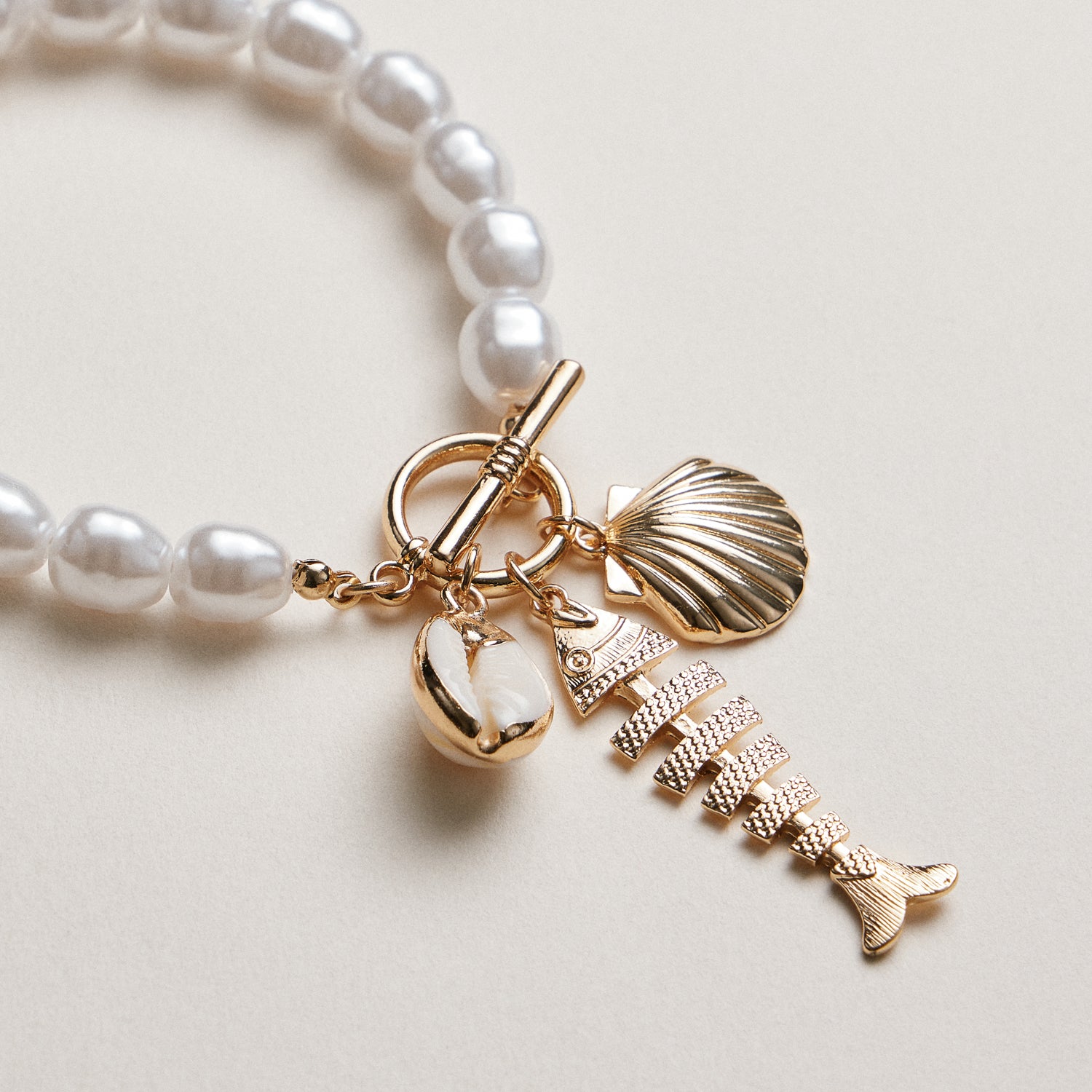 Pearl Charm Bracelet — Shell & Fish Pendant