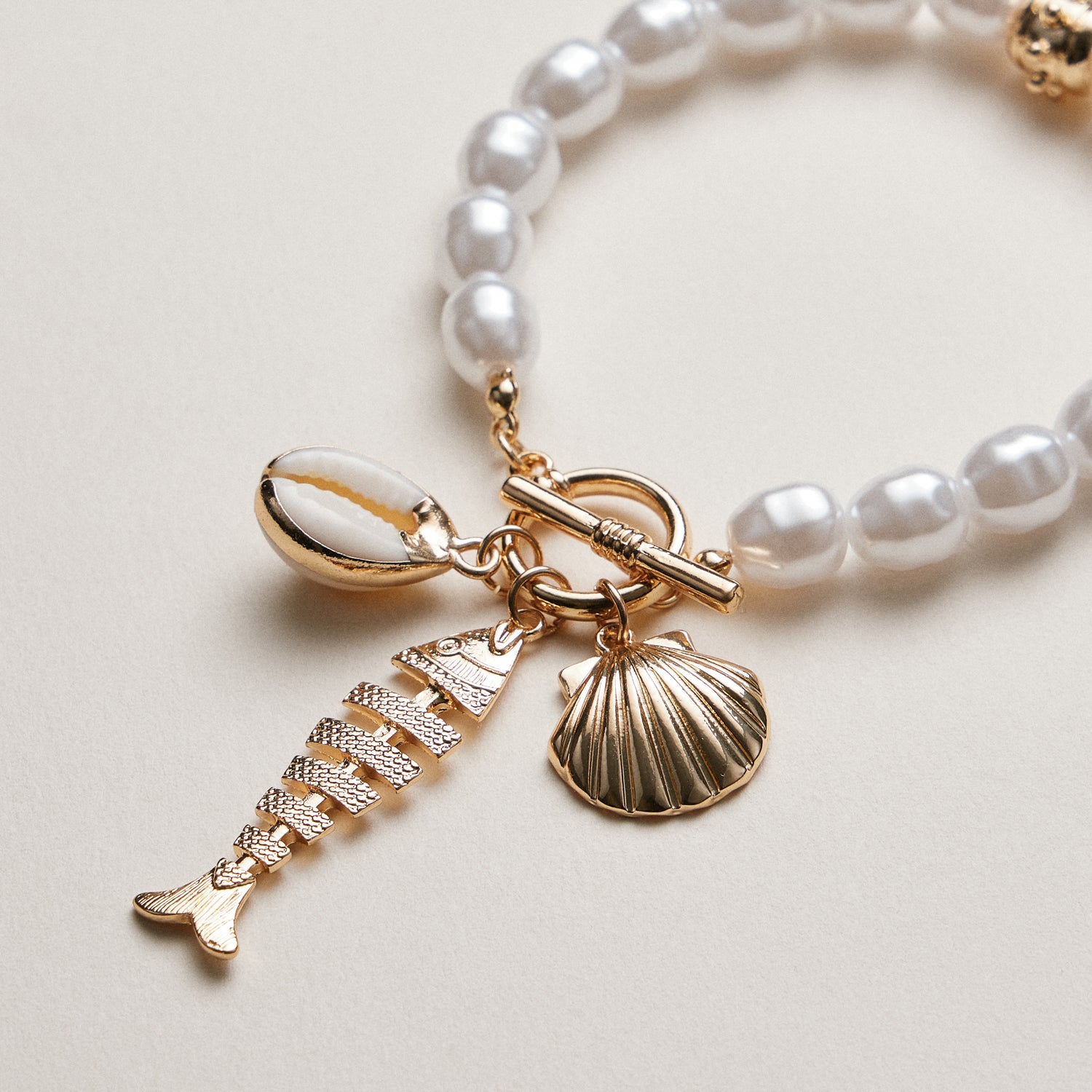 Pearl Charm Bracelet — Shell & Fish Pendant