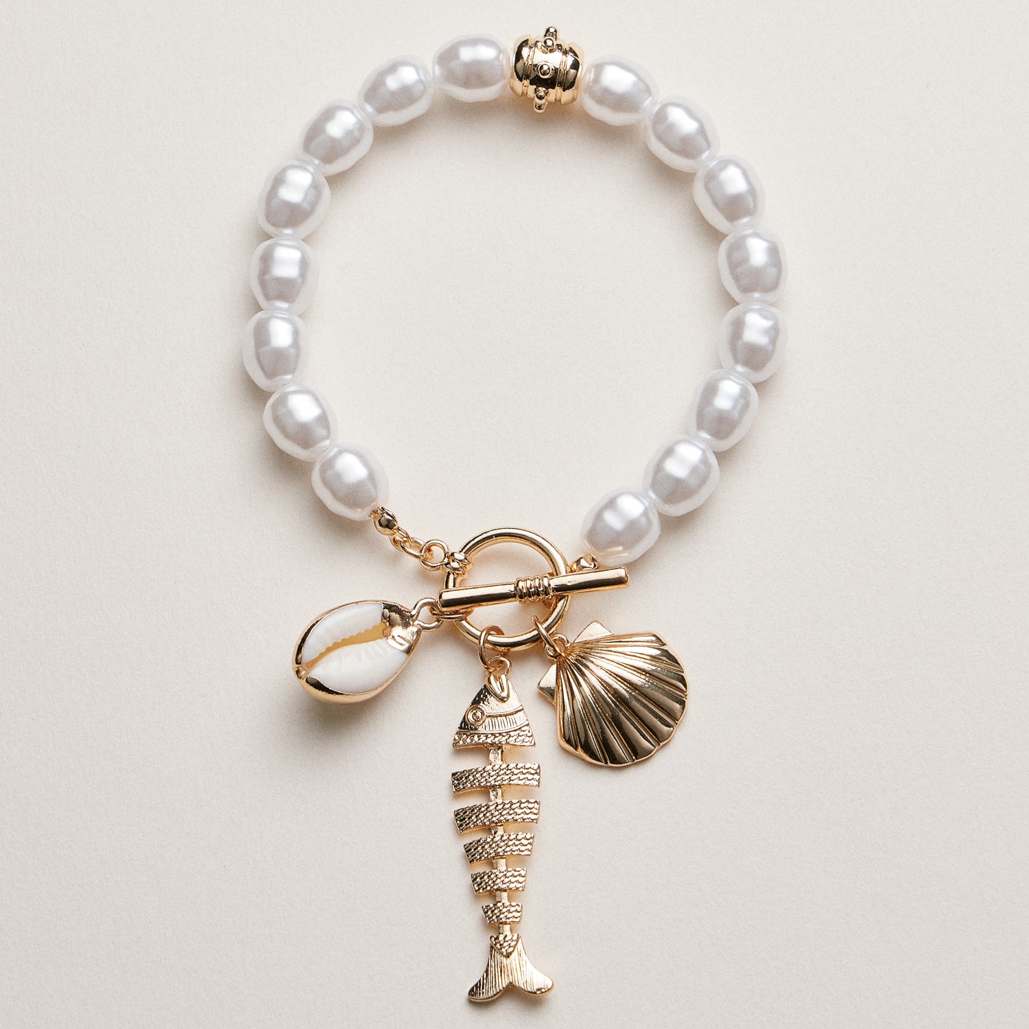 Pearl Charm Bracelet — Shell & Fish Pendant
