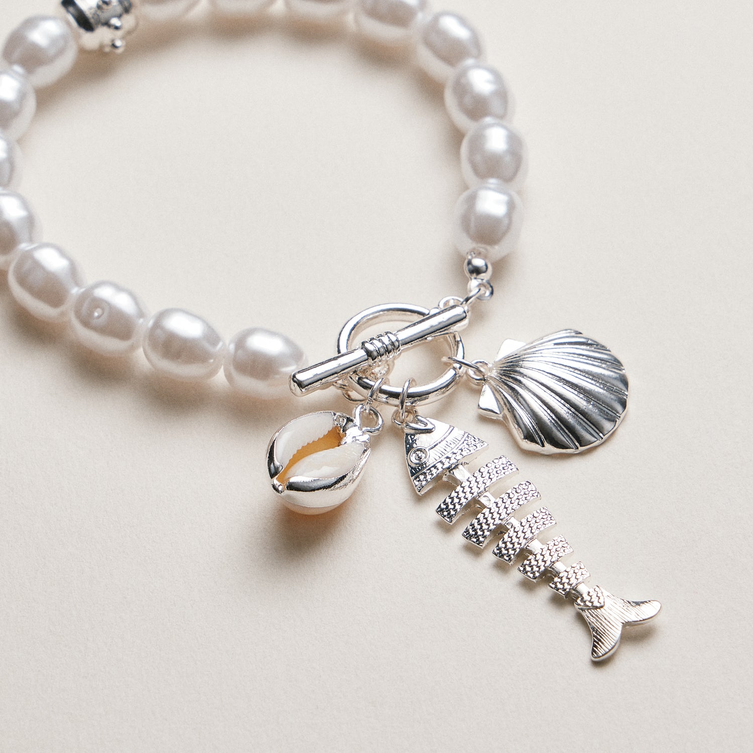 Pearl Charm Bracelet — Shell & Fish Pendant