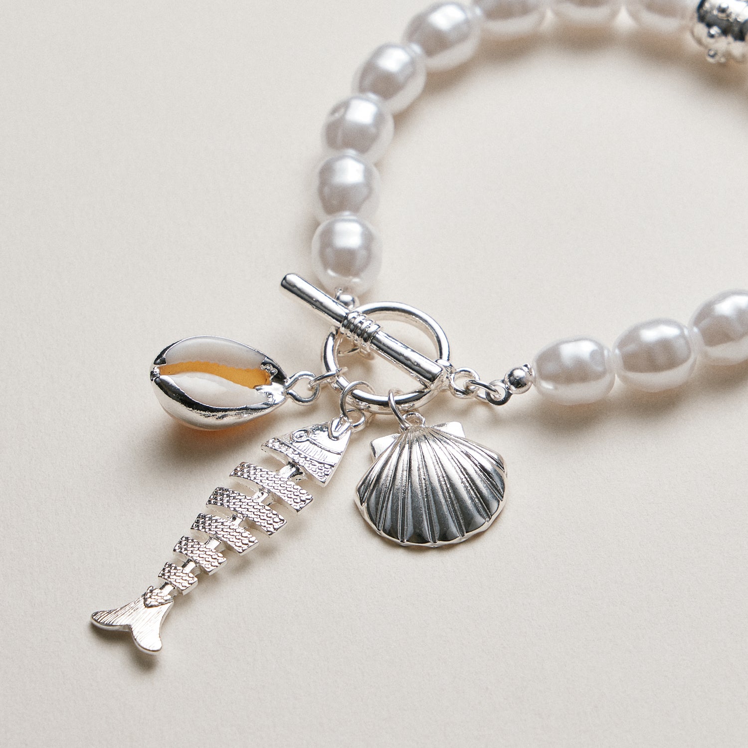 Pearl Charm Bracelet — Shell & Fish Pendant