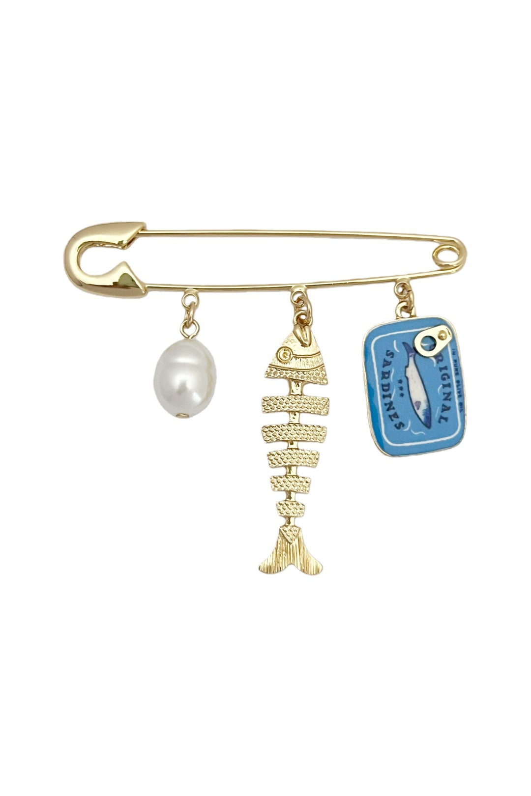 Gold Tone Pearl, Fishbone & Sardine Tin Charm Safety Pin Brooch - Frem