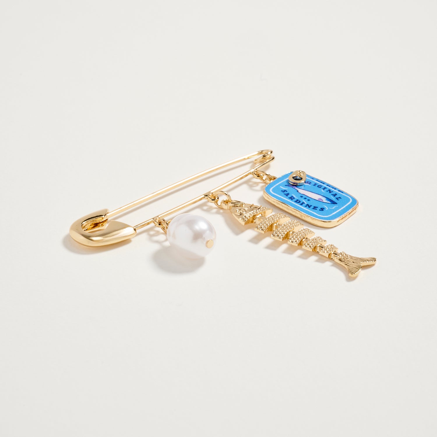 Gold Tone Pearl, Fishbone & Sardine Tin Charm Safety Pin Brooch - Frem