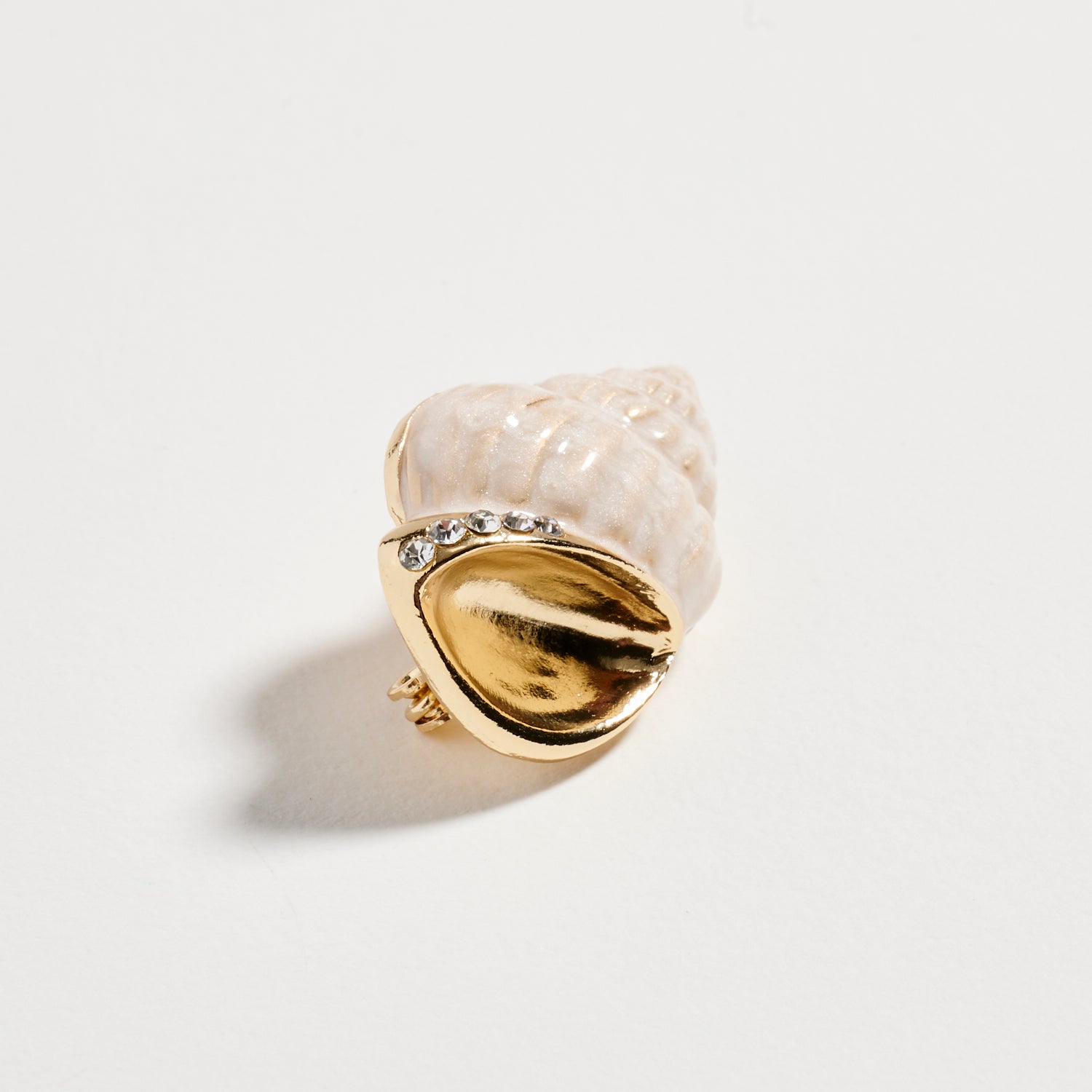 Gold Tone Seashell Brooch with Pearl Finish & Crystal Accent | Vintage Inspired Ocean Pin