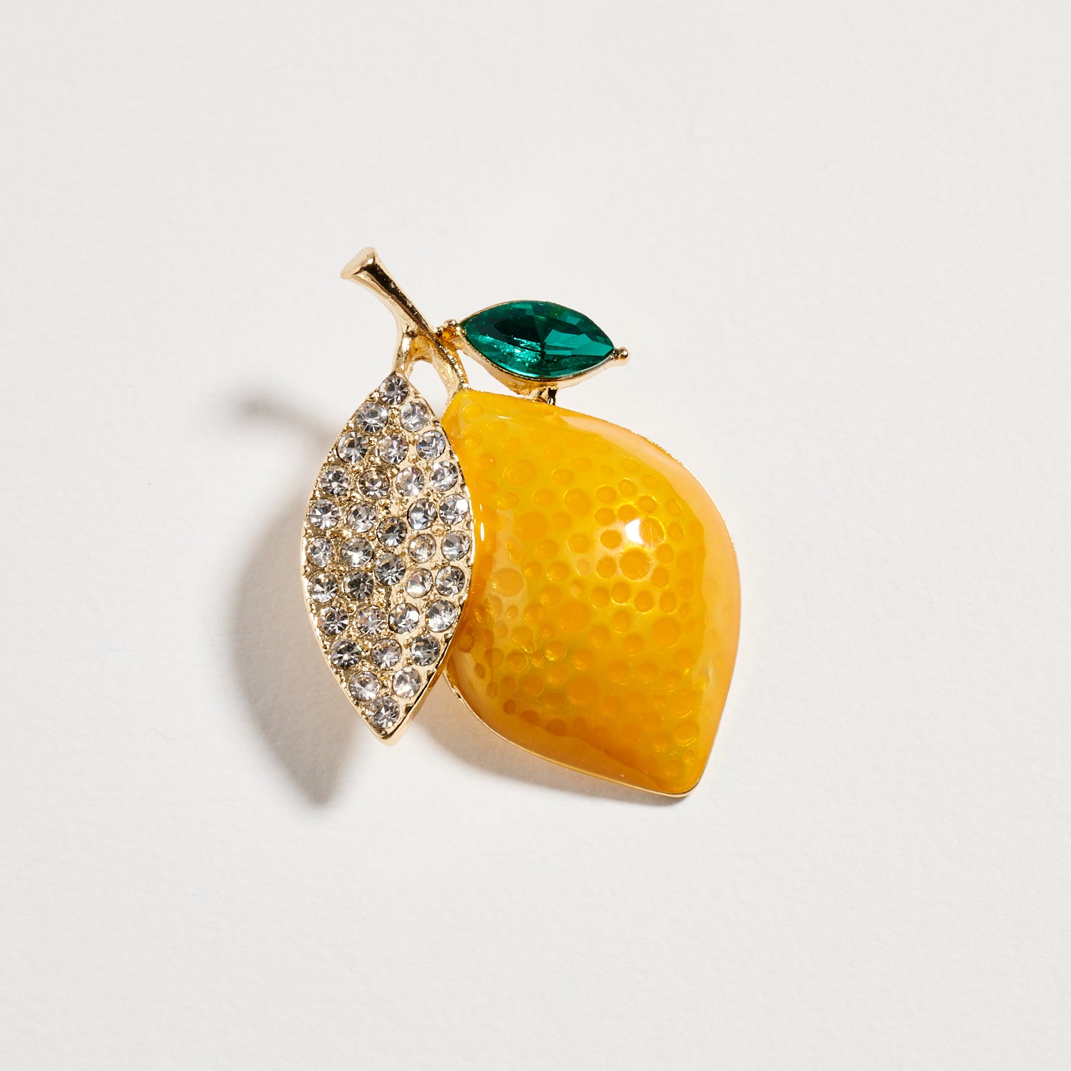 Gold Tone Fruit Brooch Pin -- Lemon Enamel Crystal Leaf