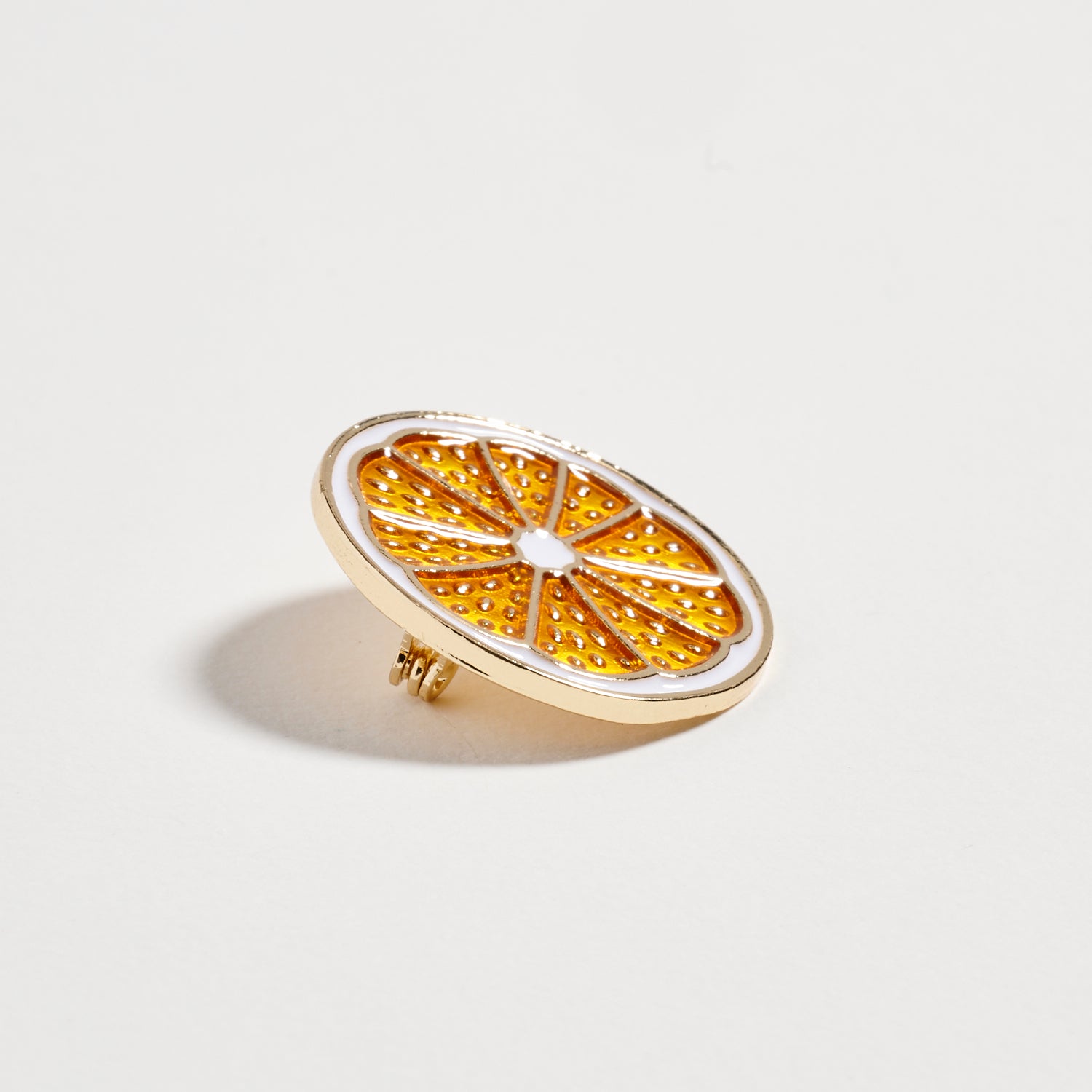 Gold Tone Orange Slice Brooch with Enamel Detail | Citrus Fruit Statement Pin