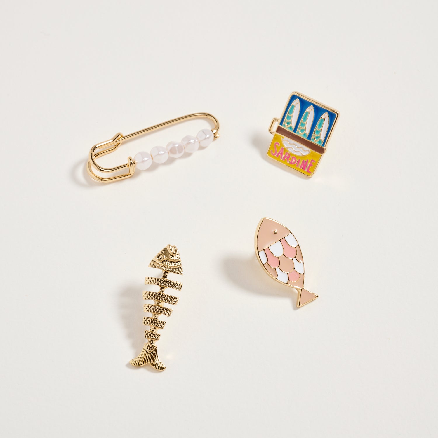 Gold Fish & Sardine Enamel Brooch Pin Set – Pearl Safety Pin, Fishbone & Colorful Sardine Lapel Pins (4-Piece Statement Collection)