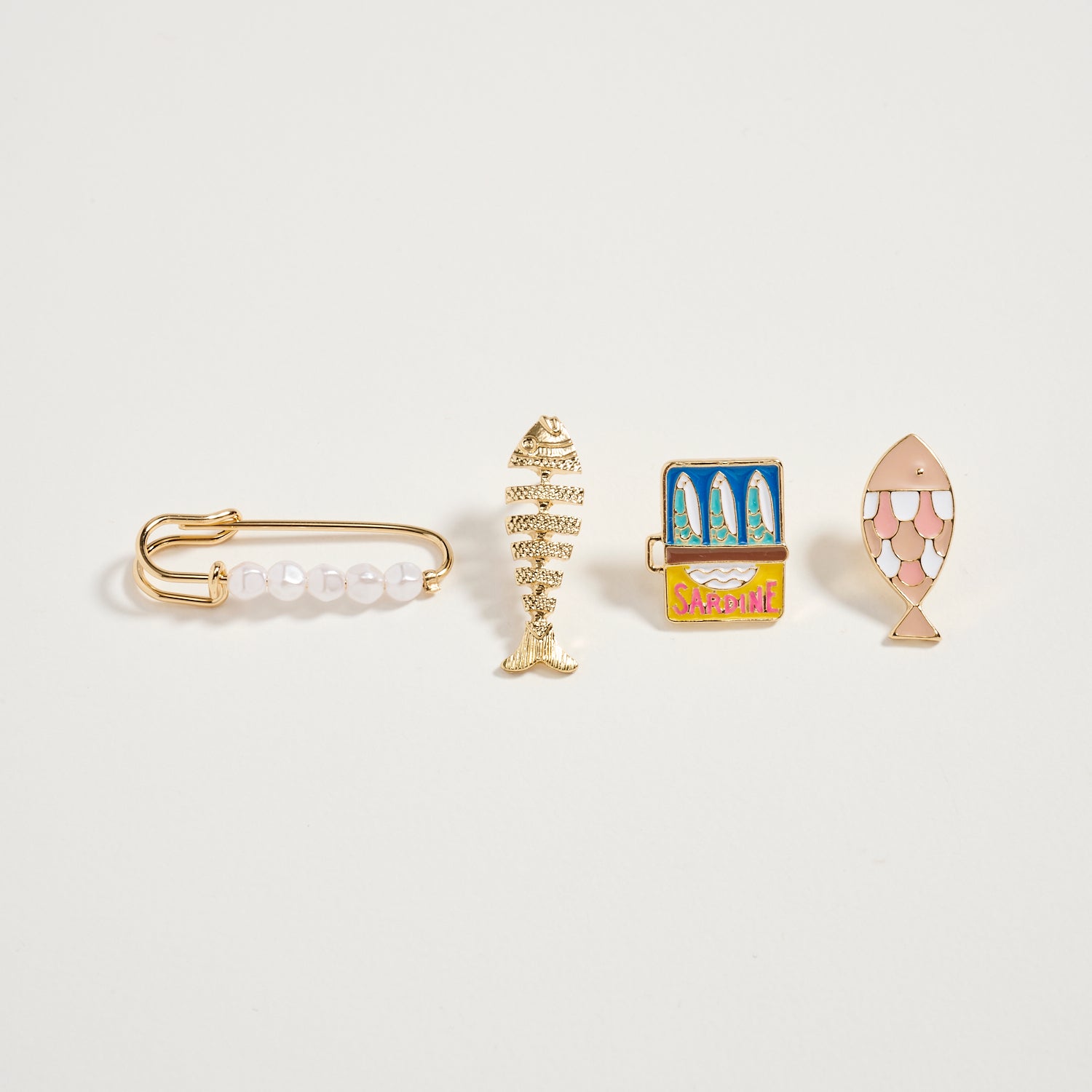 Gold Fish & Sardine Enamel Brooch Pin Set | Pearl Safety Pin, Fishbone & Colorful Sardine Lapel Pins (4-Piece Statement Collection)