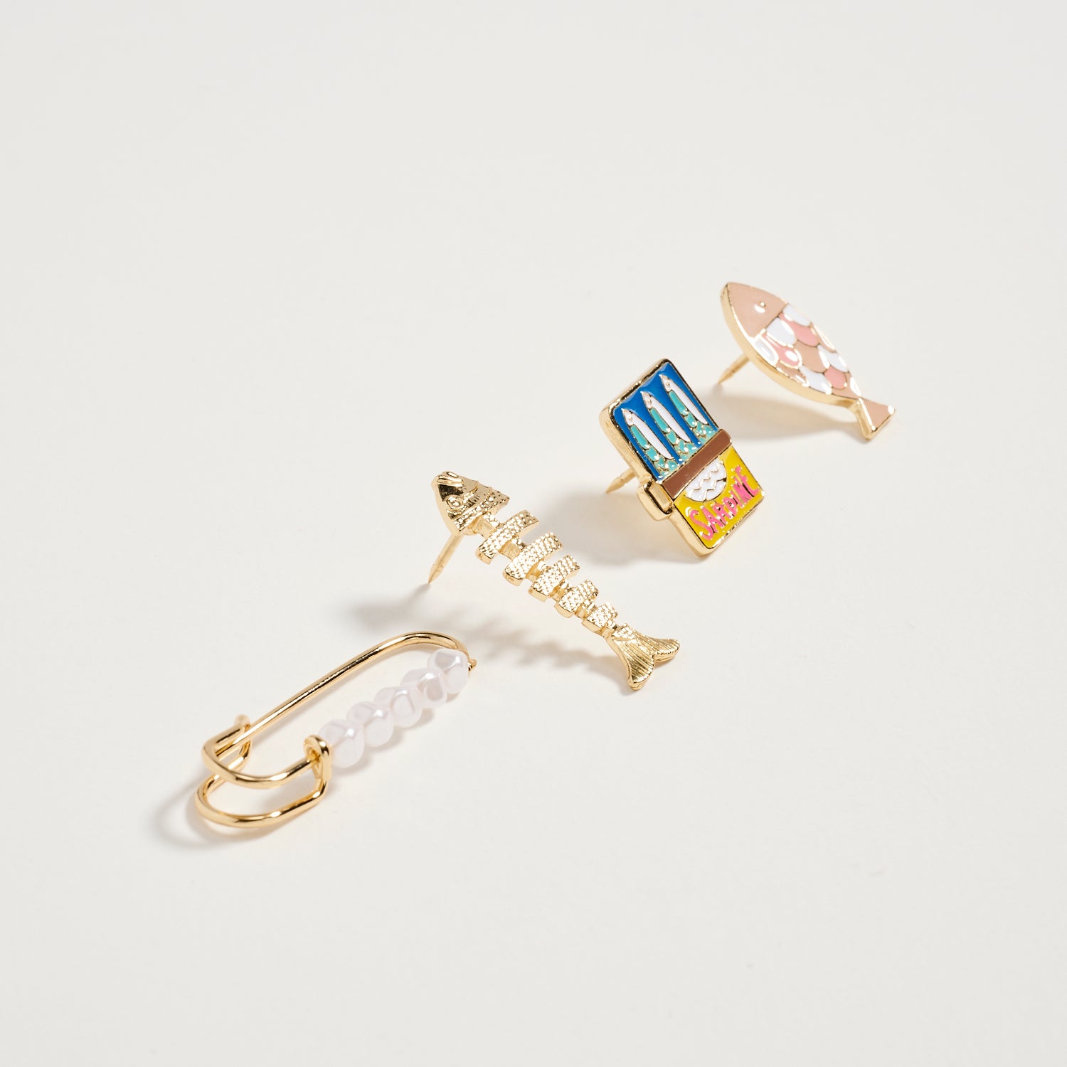 Gold Fish & Sardine Enamel Brooch Pin Set | Pearl Safety Pin, Fishbone & Colorful Sardine Lapel Pins (4-Piece Statement Collection)