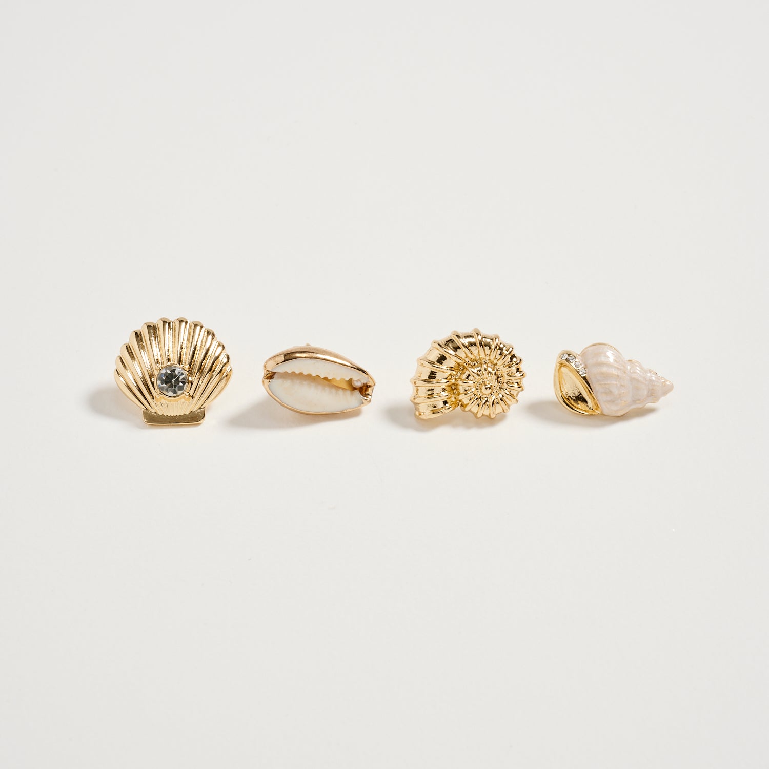 Gold Seashell & Conch Brooch Pin Set | Rhinestone Shell, Cowrie & Spiral Shell Statement Pins (4-Piece Coastal Collection)