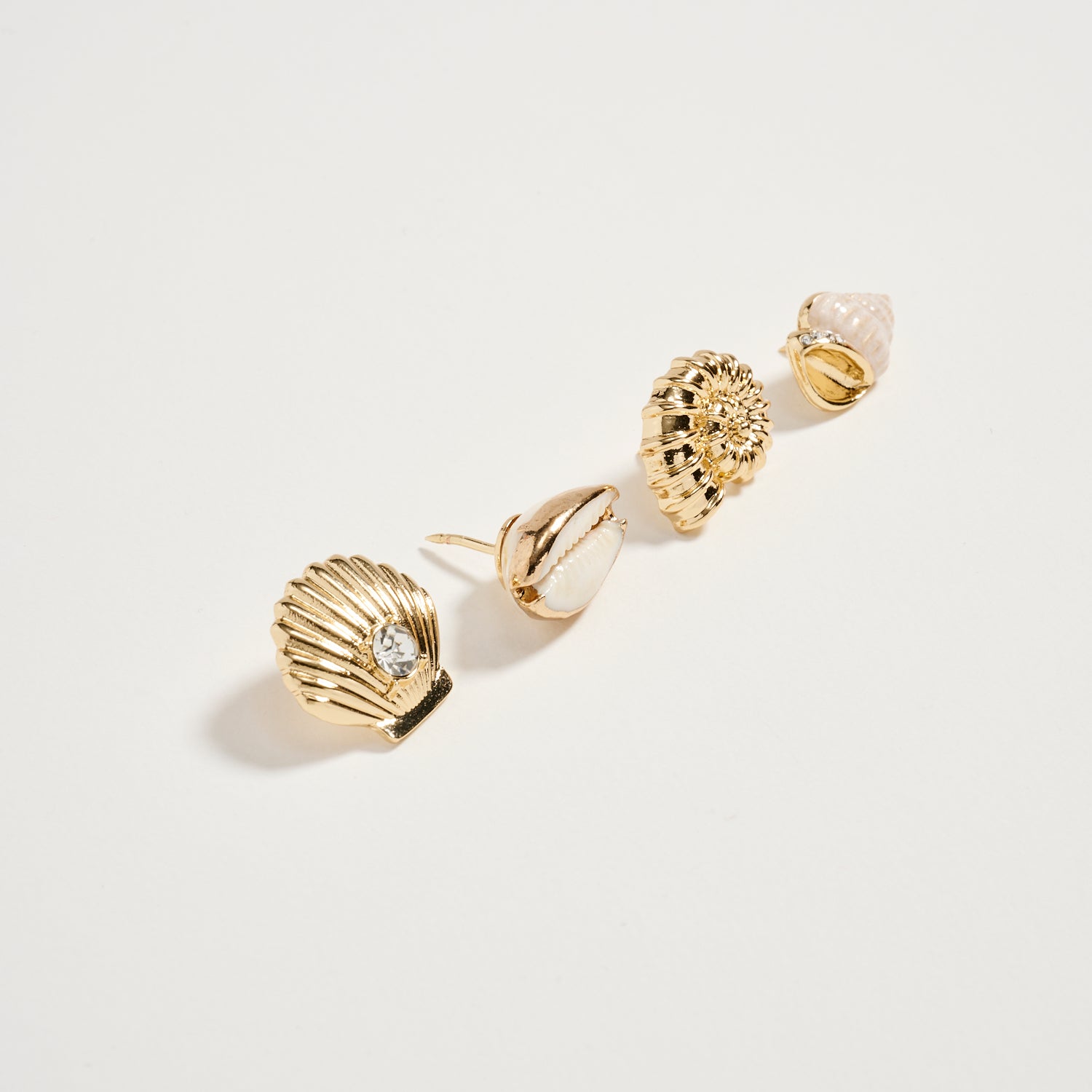 Gold Seashell & Conch Brooch Pin Set | Rhinestone Shell, Cowrie & Spiral Shell Statement Pins (4-Piece Coastal Collection)