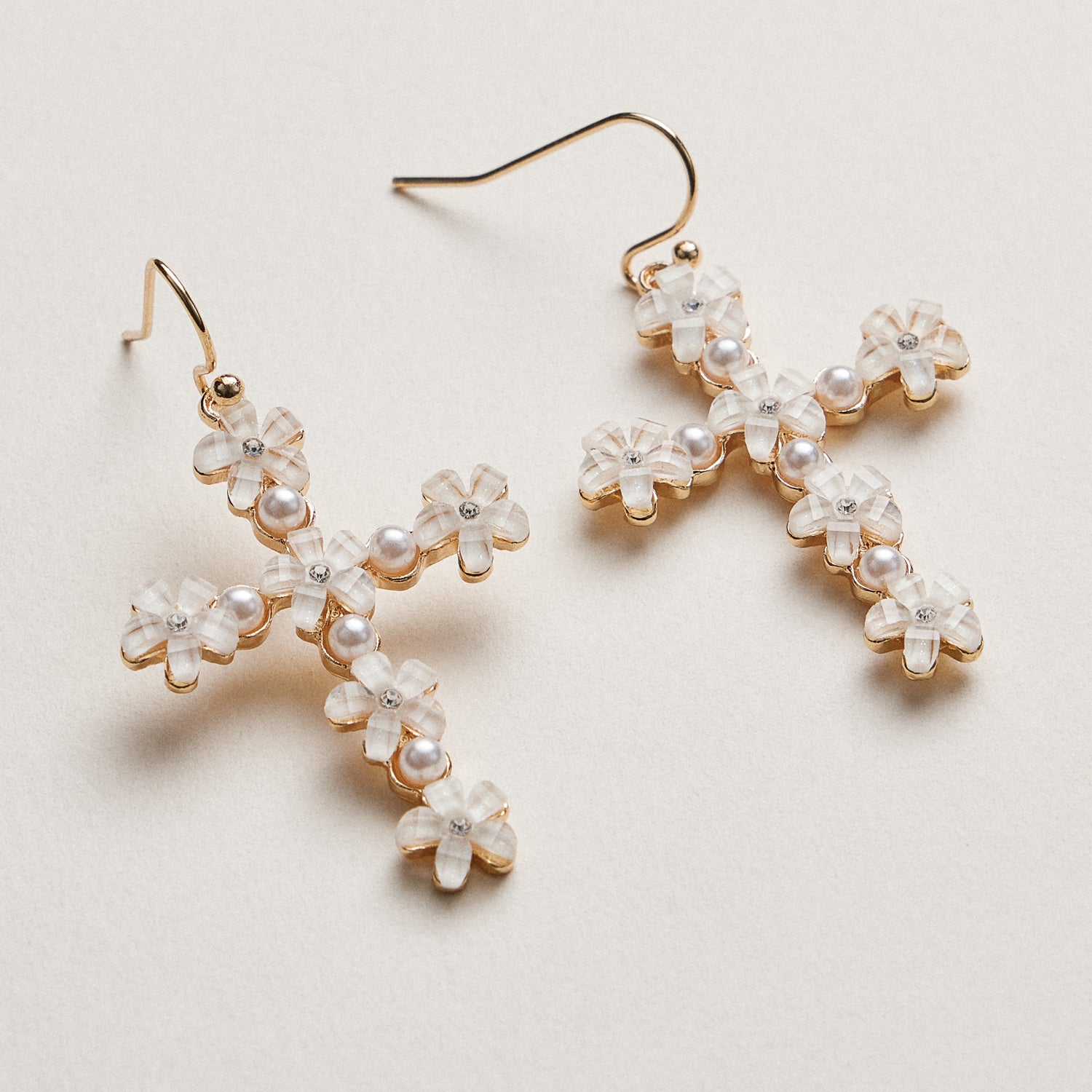 Floral Cross Drop Earrings | Pearl & Crystal Daisy