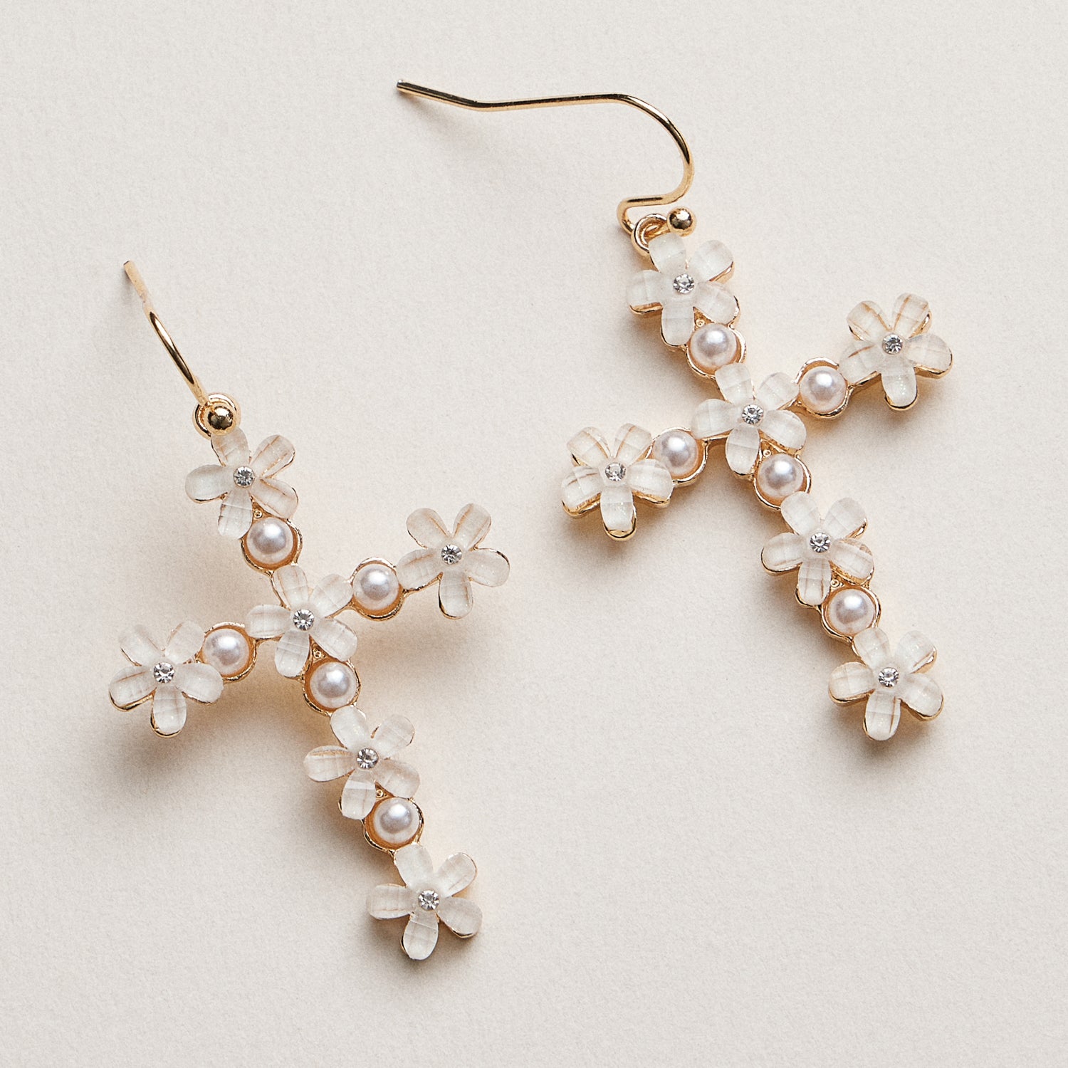Floral Cross Drop Earrings | Pearl & Crystal Daisy Jewelry