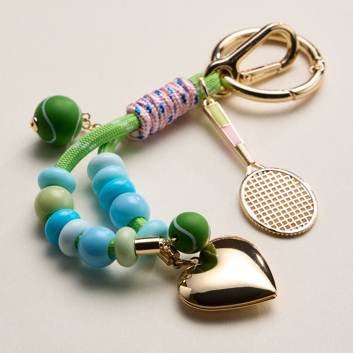 Tennis Charm Beaded Keychain with Heart Locket – Colorful Bead & Racket Bag Charm