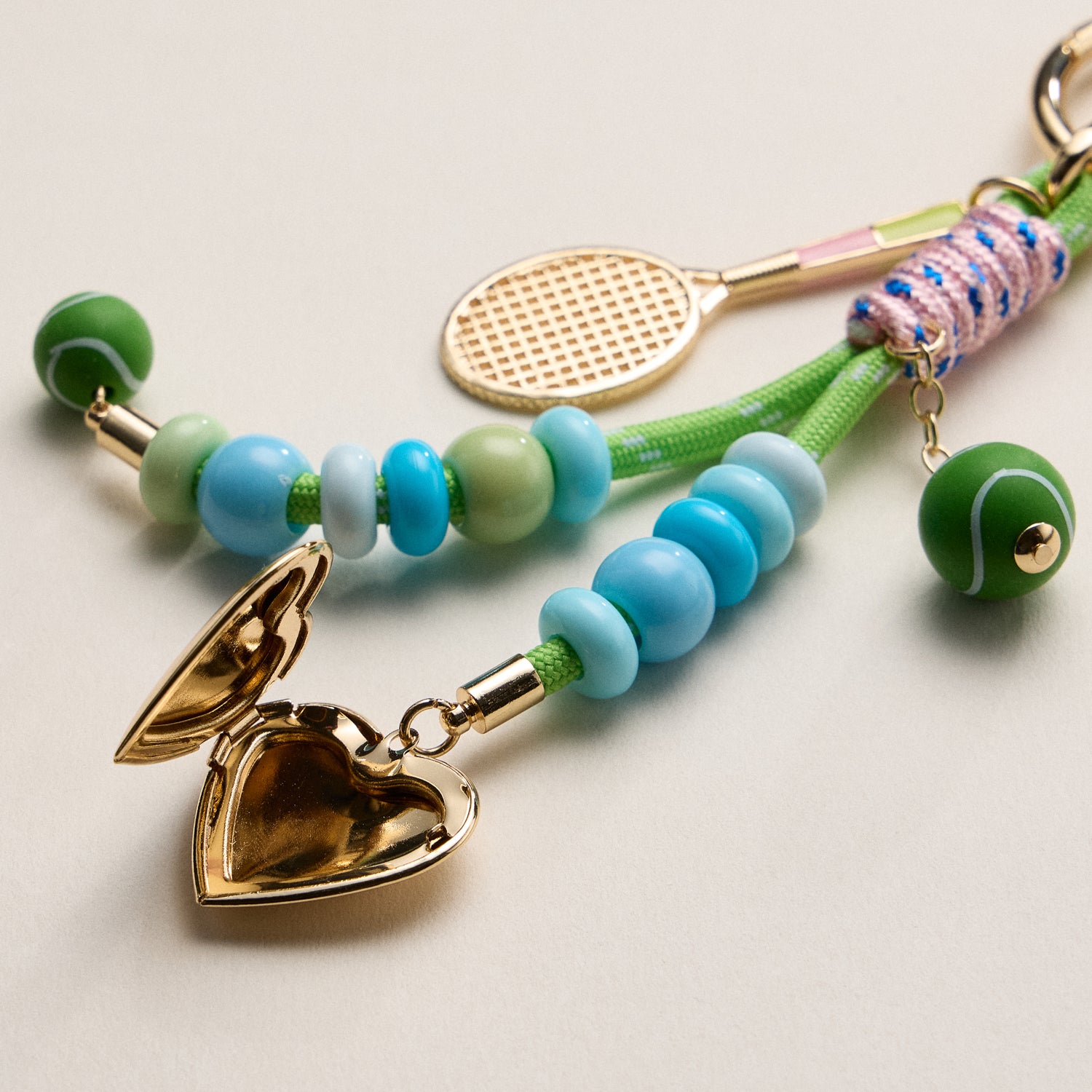 Tennis Charm Beaded Keychain with Heart Locket – Colorful Bead & Racket Bag Charm