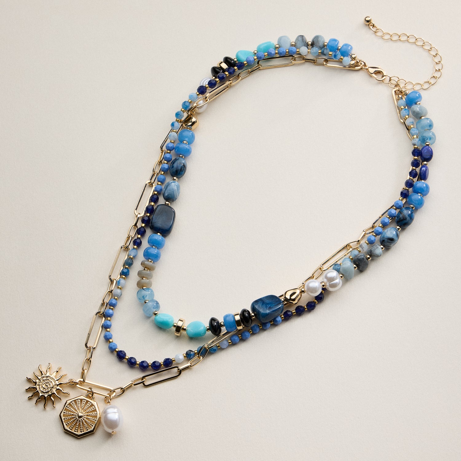 Layered Beaded and Chain Necklace with Sun and Pearl Charms – Gold Accent Design