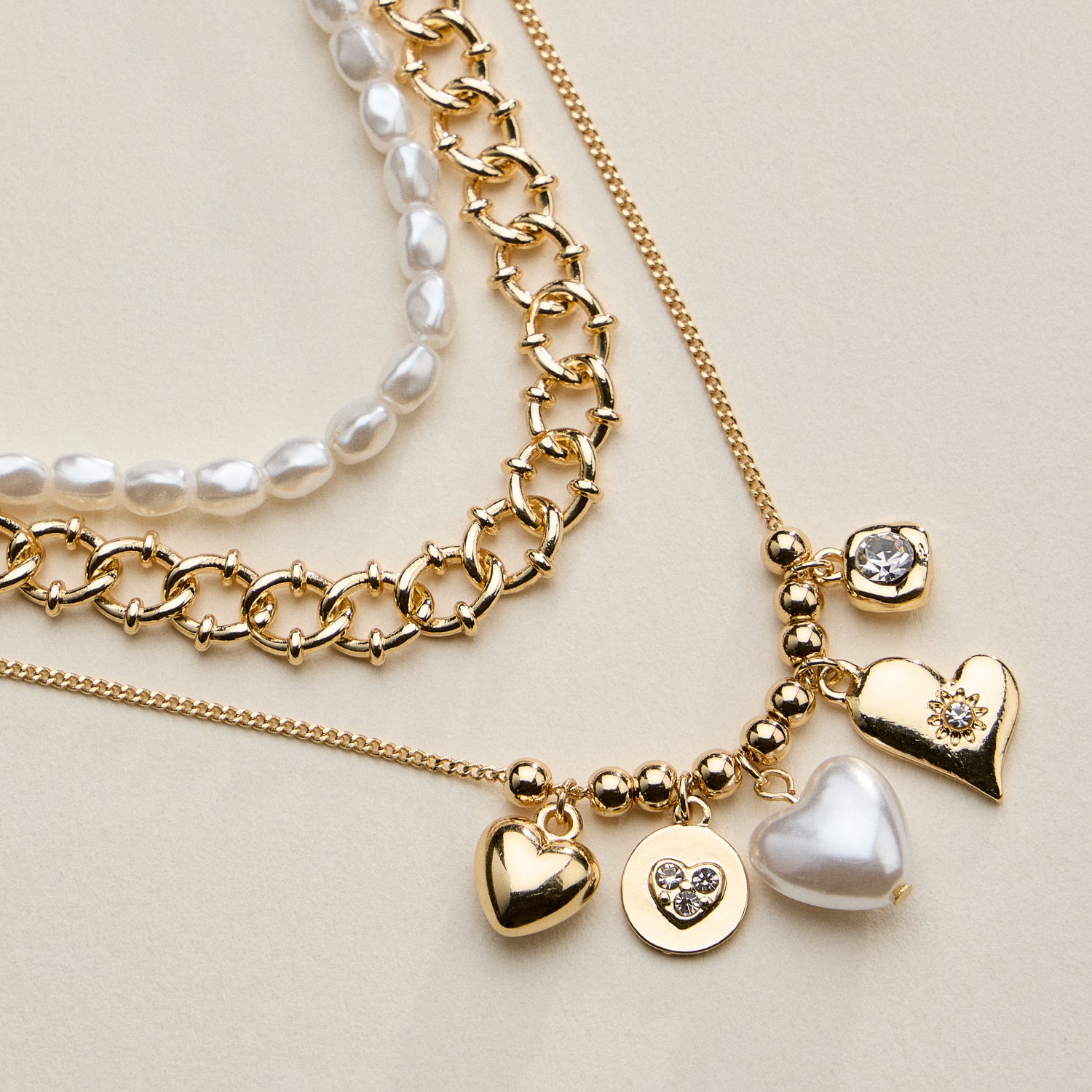 Layered Pearl Heart Necklace for Women – Mixed Chain Necklace with Heart Charms