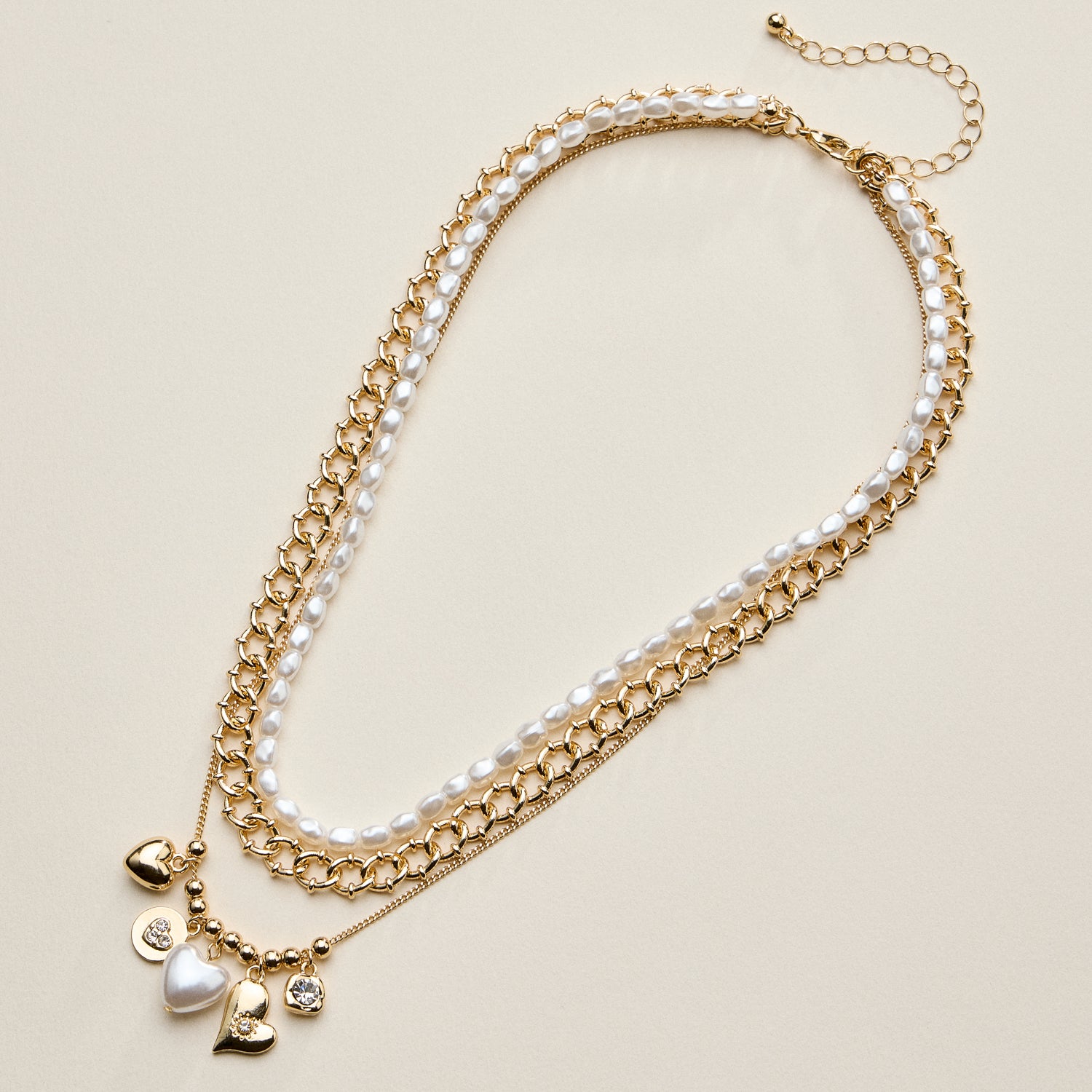 Layered Pearl Heart Necklace for Women – Mixed Chain Necklace with Heart Charms