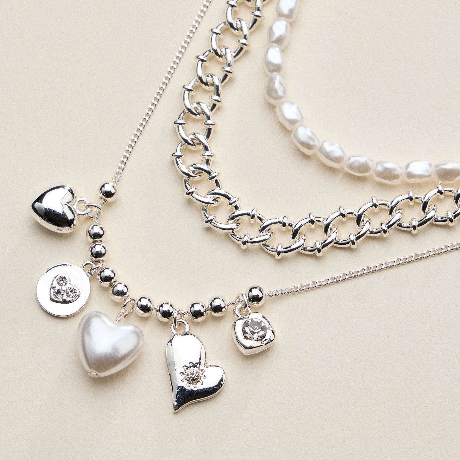 Layered Pearl Heart Necklace for Women – Mixed Chain Necklace with Heart Charms