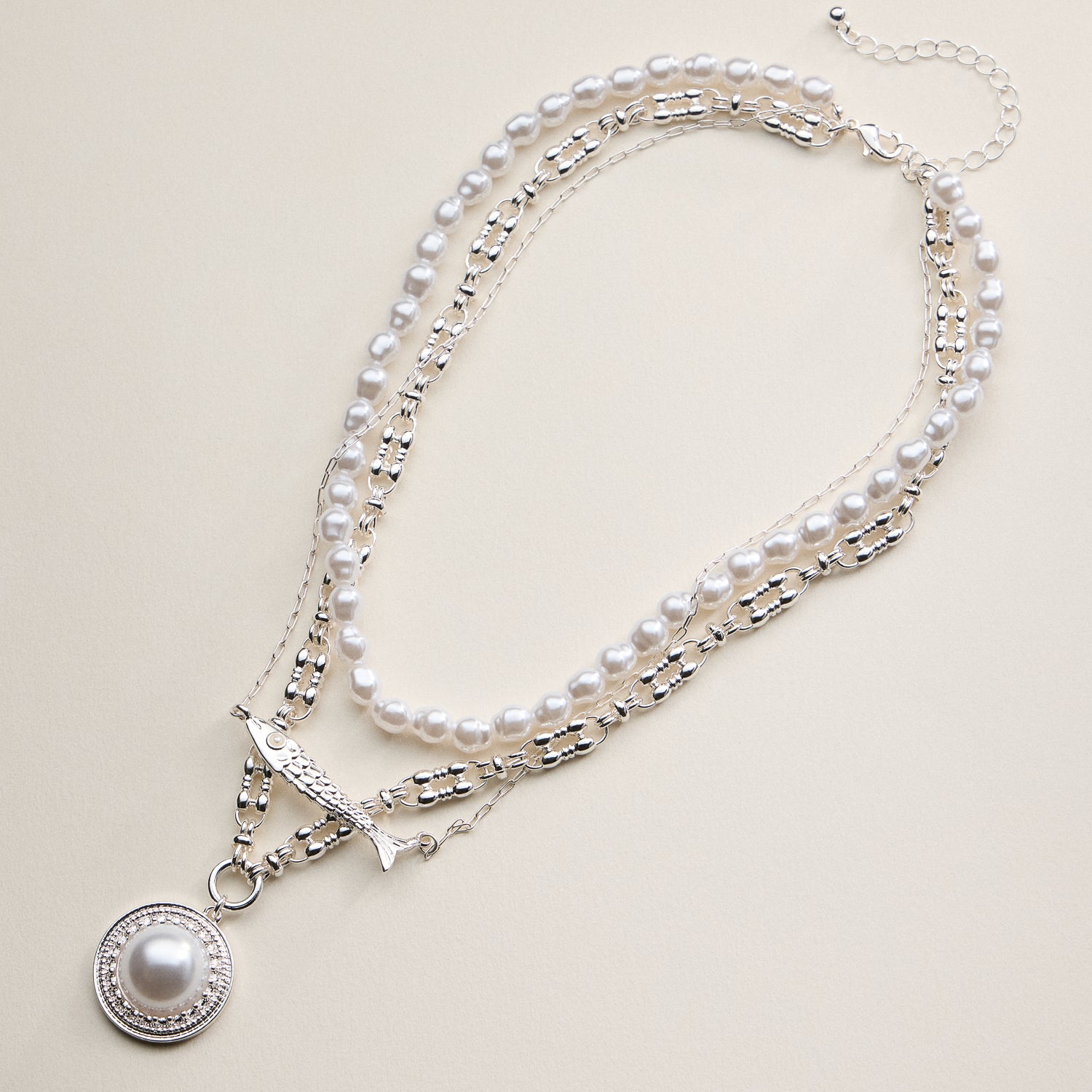 Layered Pearl and Chain Necklace with Round Pendant – Fish Link Detail