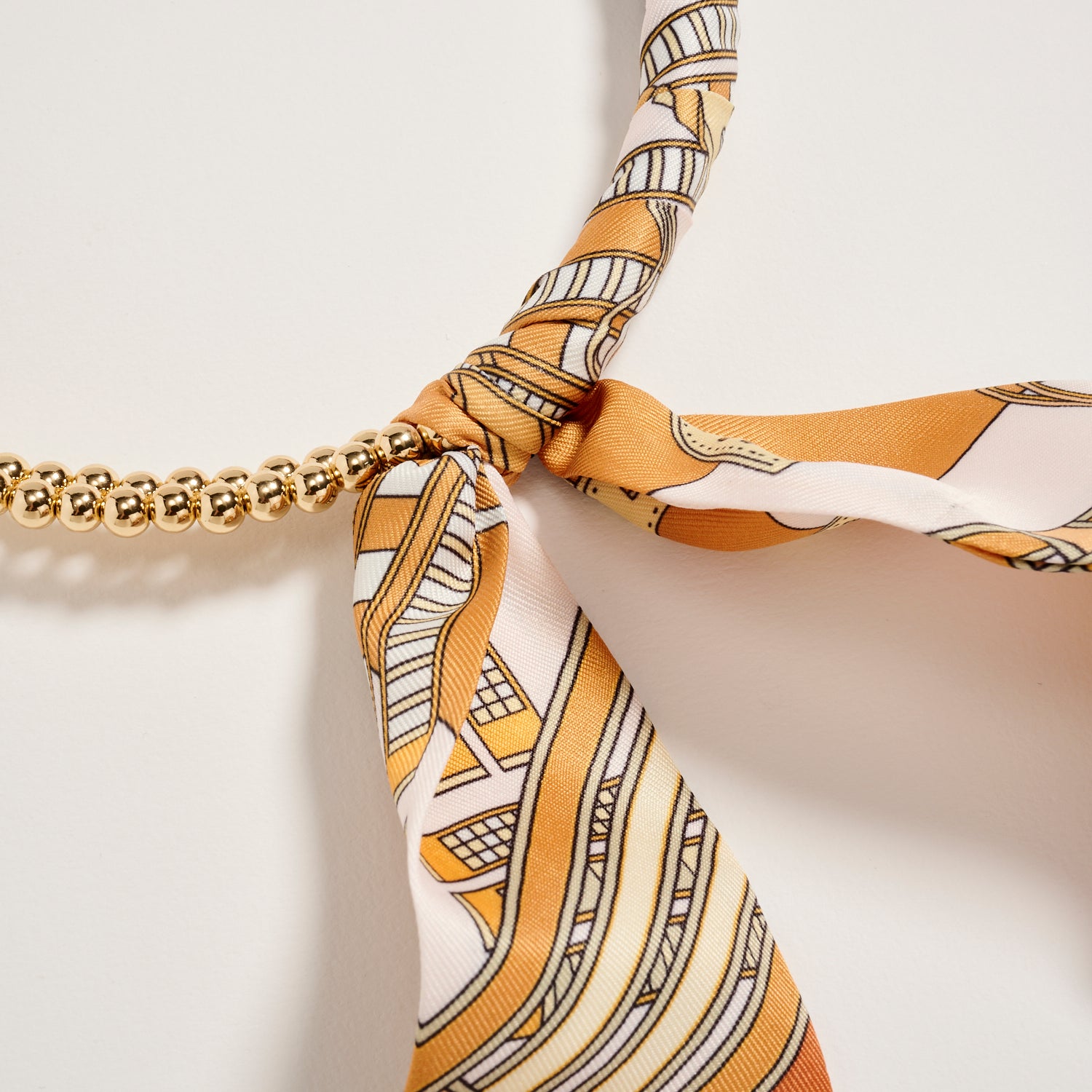 Gold Beaded Necklace with Silk Scarf Tie – Adjustable Chain Statement Neck Piece for Women - Frem