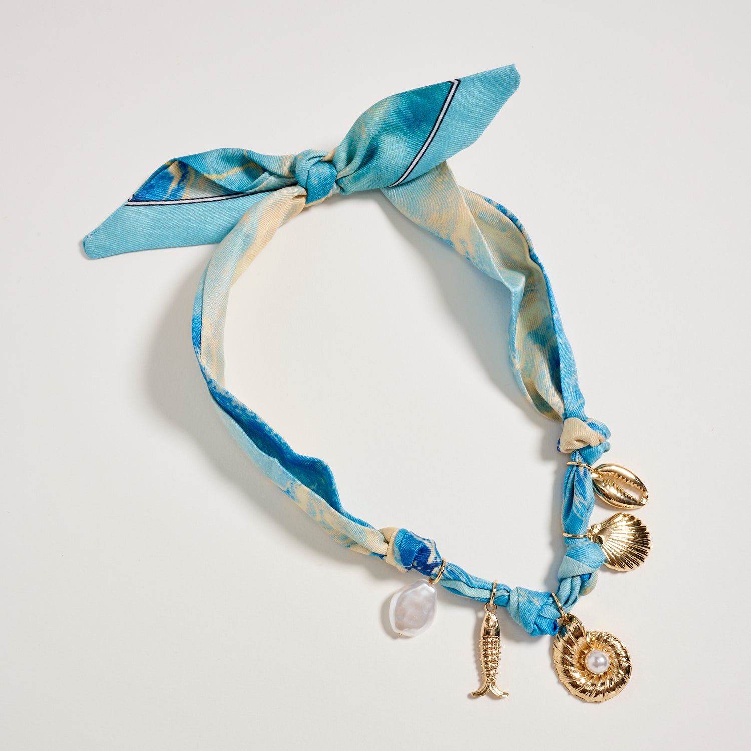 Blue Ocean Charm Scarf Necklace – Gold Shell & Pearl Pendant Tie Necklace for Women - Frem