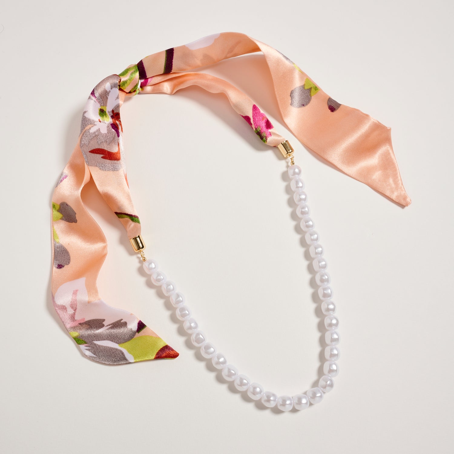 Peach Floral Scarf Pearl Necklace – Silk Tie Statement Necklace with Classic White Pearls - Frem